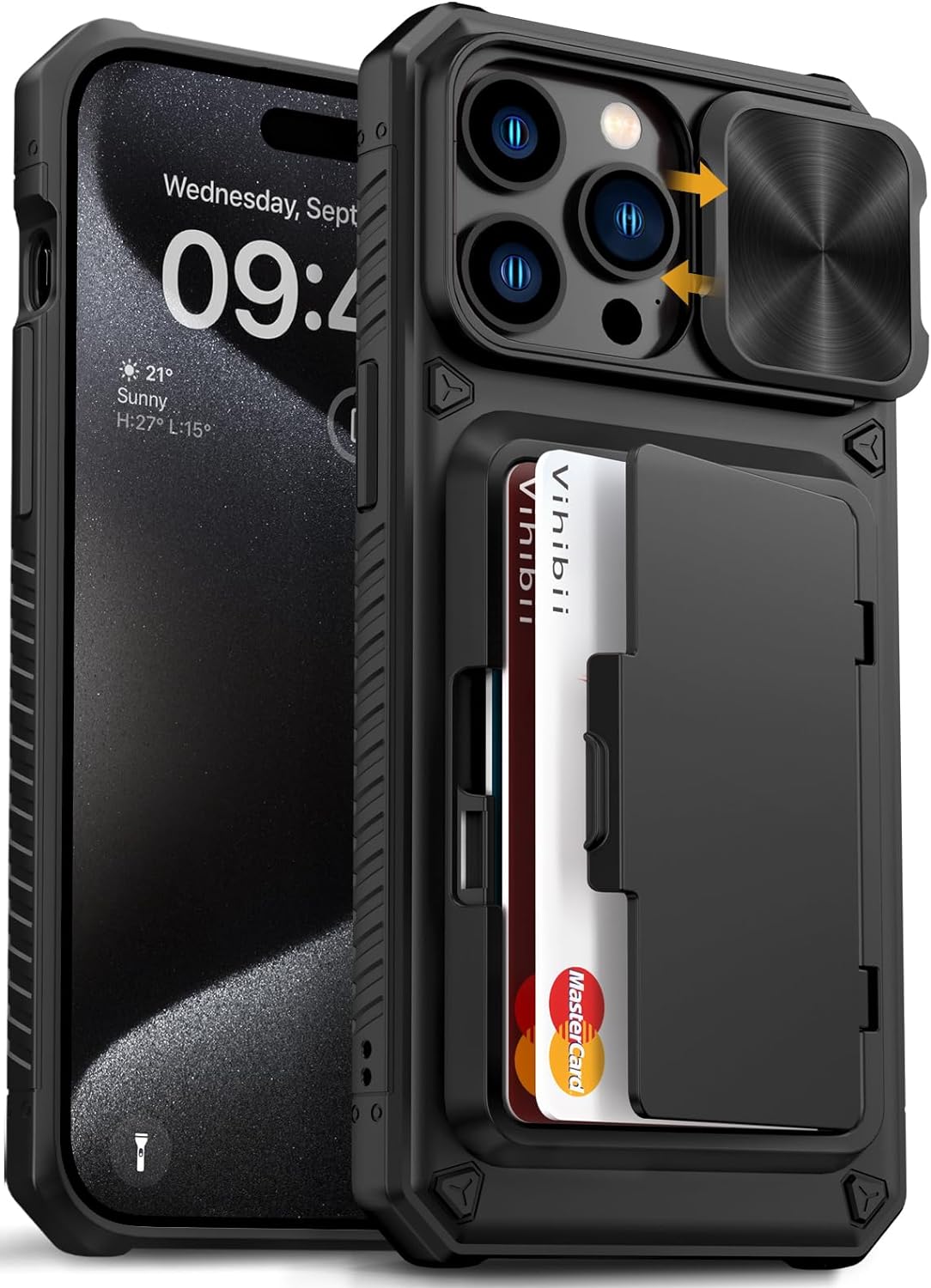 Vihibii Funda para iPhone 15 Pro Max con tarjetero (4 tarjetas) y cubierta deslizante para cámara y soporte, protección contra caídas de grado