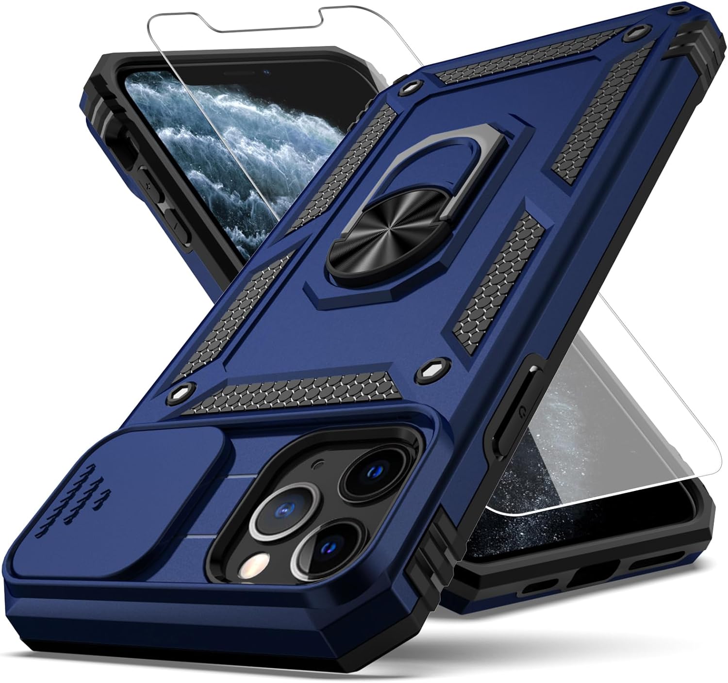 YZOK Funda para iPhone 11 Pro Max con cubierta deslizante para cámara + protector de pantalla HD, soporte de anillo giratorio de grado militar a