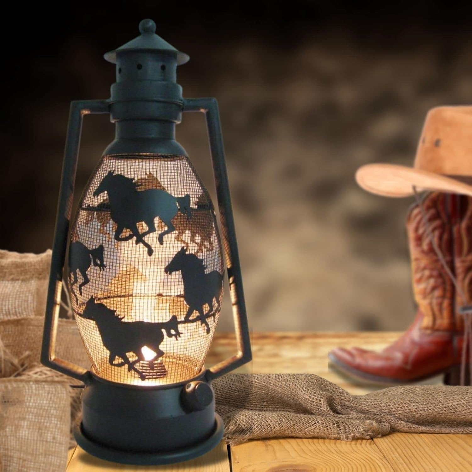 BestGiftEver Lámpara de mesa eléctrica con cable de línea – Caballo de metal rústico vintage linterna estilo granja