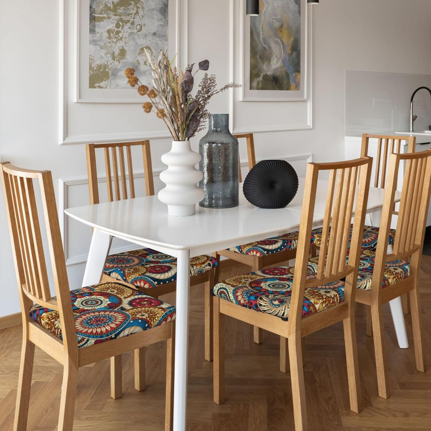 Fundas de cojín para sillas de comedor con diseño floral étnico de círculos, extraíbles y lavables, fundas reutilizables para sillas de comedor,