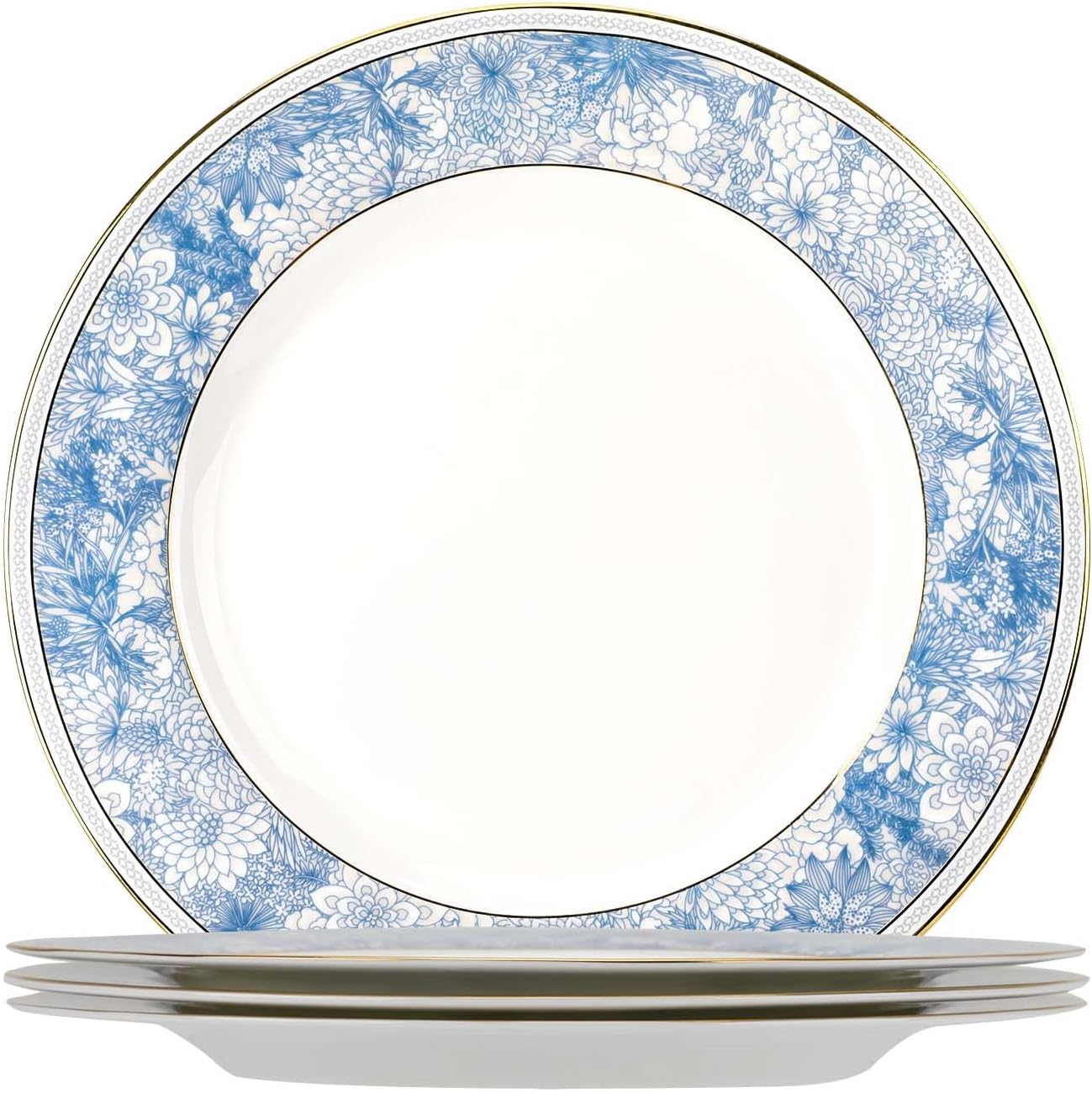 Juego de platos llanos de porcelana fina de hueso, juego de vajilla de 10.5 pulgadas, patrón azul y blanco con cocción hecha a mano, con borde