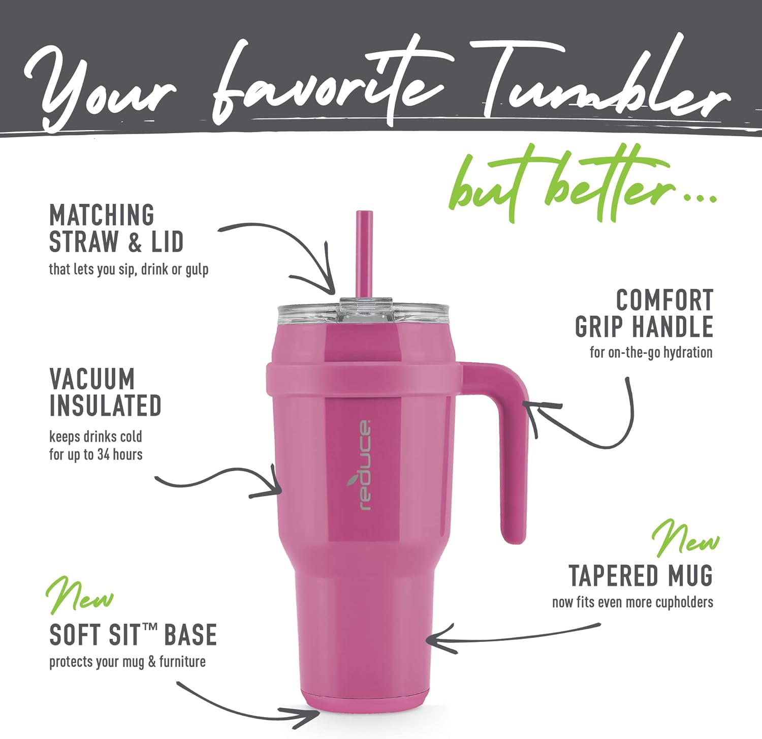 REDUCE Cold1 – Vaso de 40 onzas con asa, botella de agua de acero inoxidable aislada al vacío para el hogar, la oficina o el automóvil, taza