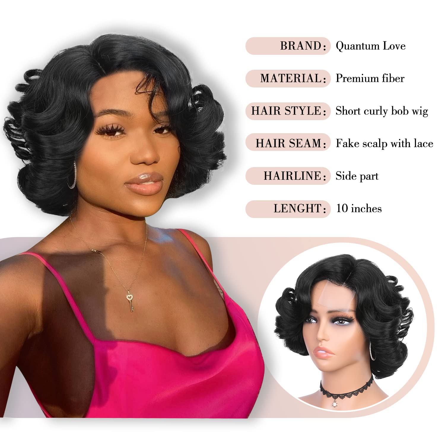 Quantum Love Pelucas cortas y rizadas estilo Bob, peluca de raya lateral suelta para mujeres negras, peluca sintética corta ondulada (10 pulgadas)