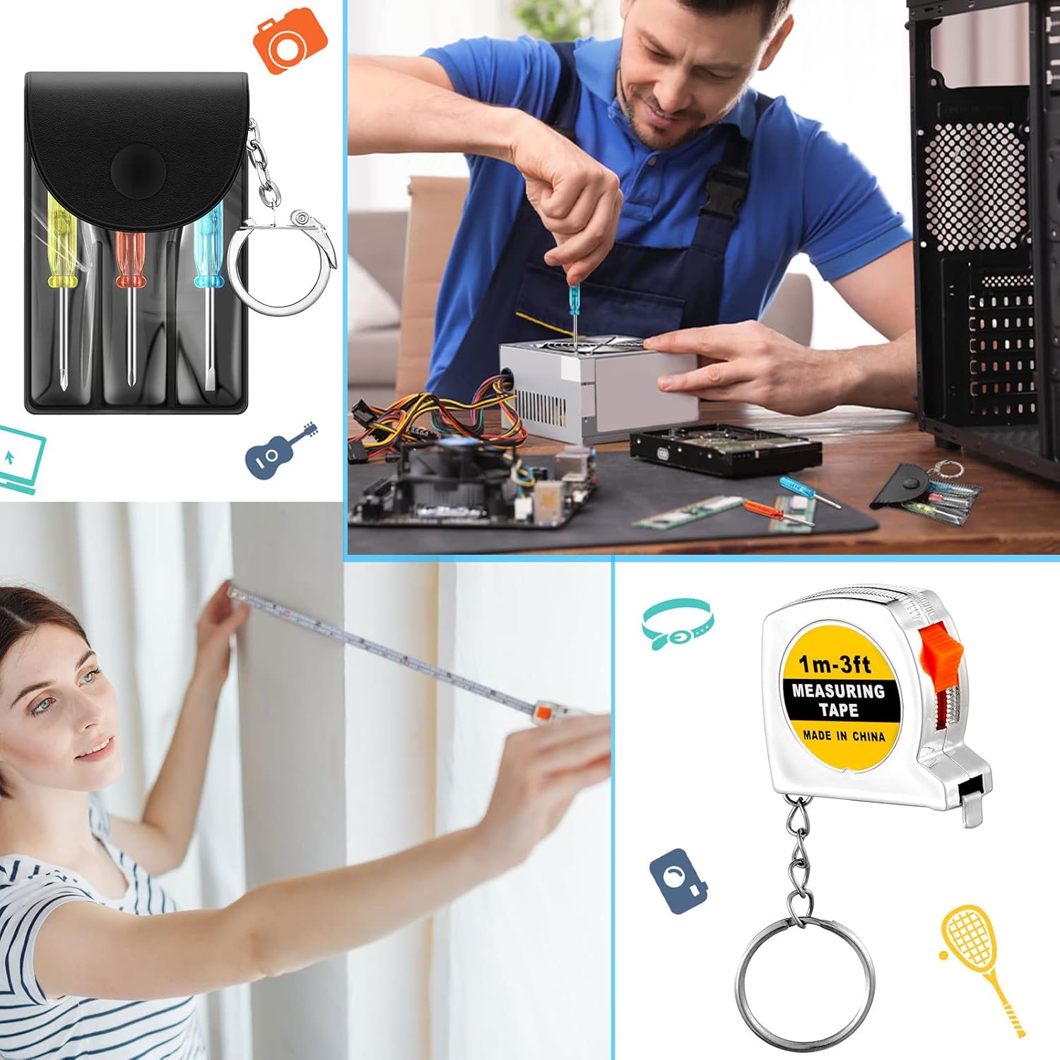 Jutom Juego de 120 llaveros con mini destornillador, cinta métrica, regalos a granel retráctiles para adultos y hombres, herramienta de Navidad,