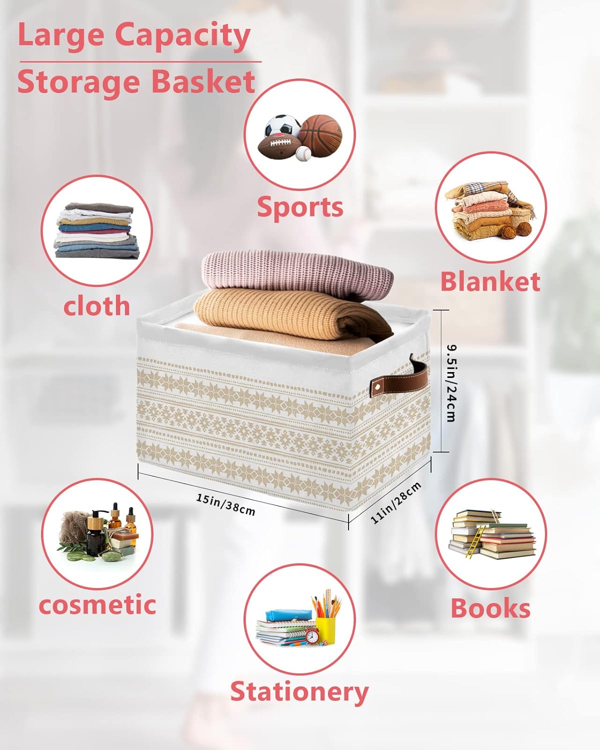 Cesta de almacenamiento bohemia beige para organizar estantes, cajas de almacenamiento plegables con asa, cesta de lona de arte abstracto geométrico