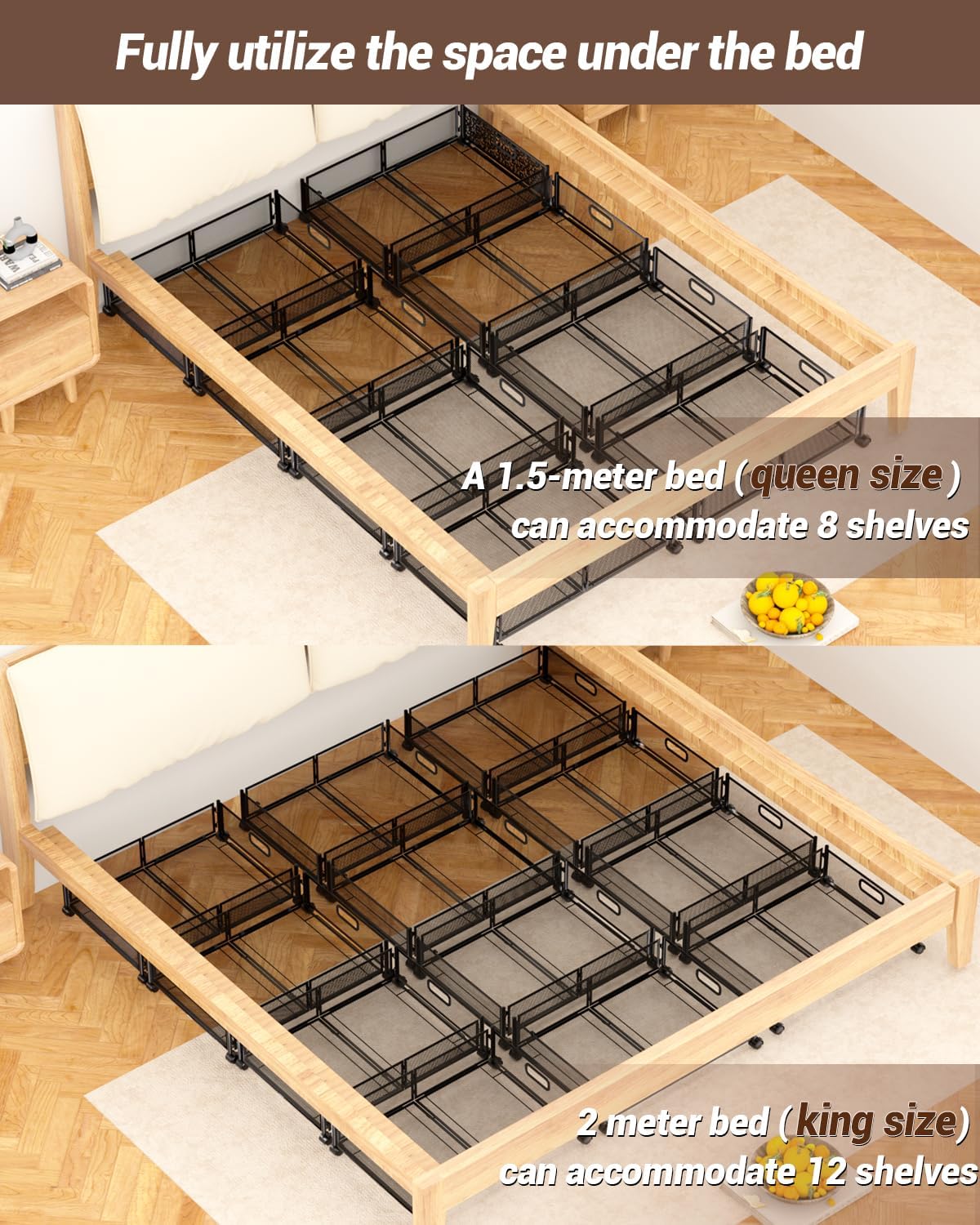 Almacenamiento debajo de la cama con ruedas, cajón de almacenamiento plegable debajo de la cama con tapa y cremallera, contenedor de metal rodante