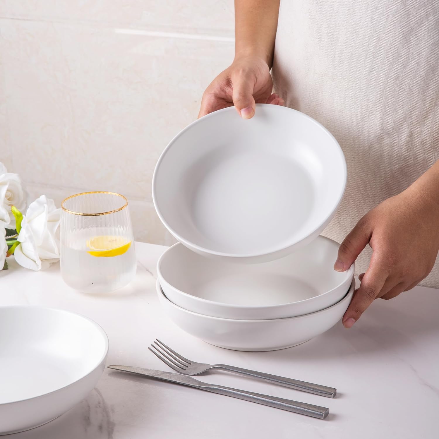 AmorArc Juego de 6 cuencos de cerámica para pasta de 8.5 pulgadas, cuencos grandes de 32 onzas para cocina, cuencos anchos para pasta, ensalada,