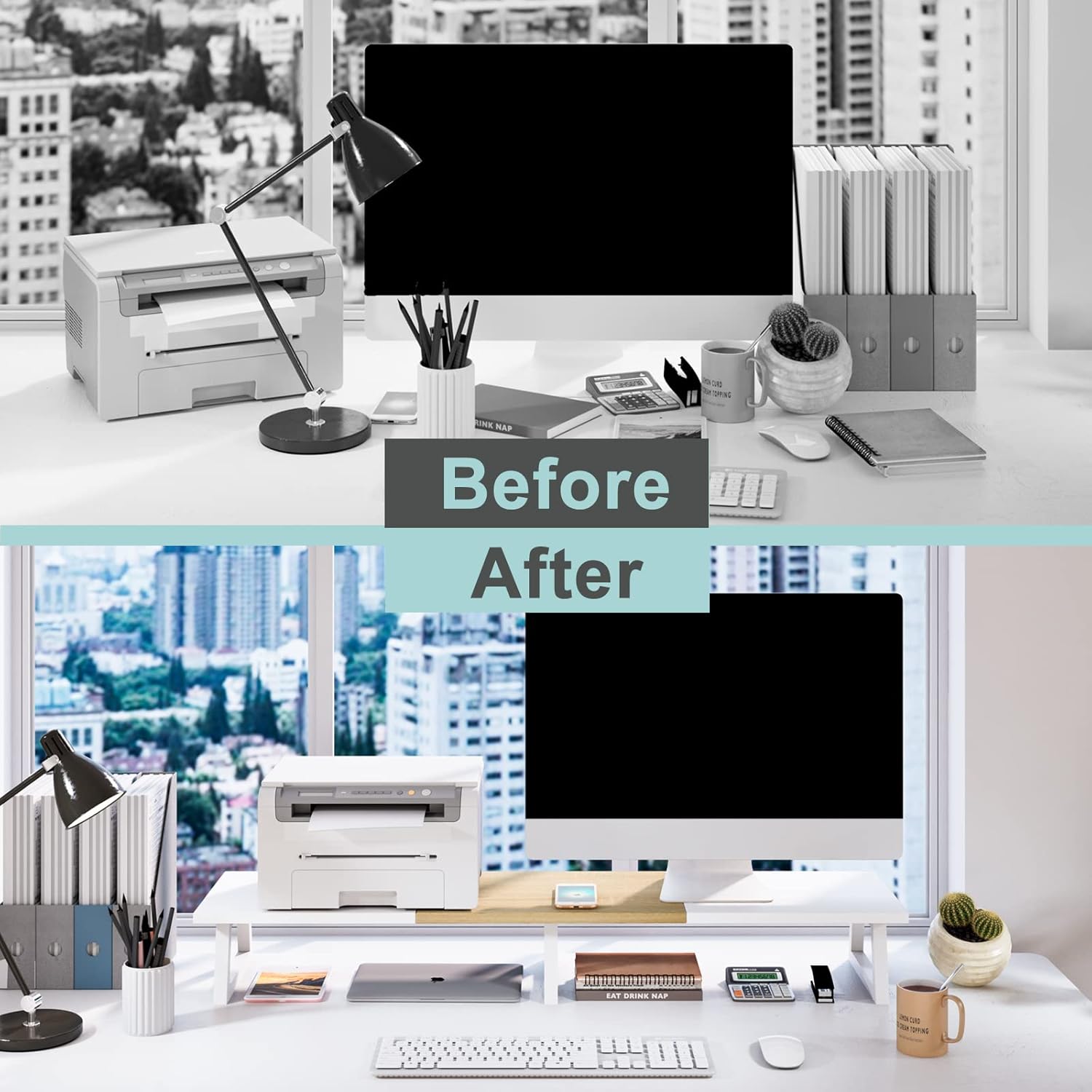 MARTY Soporte de monitor doble blanco de 42 pulgadas de largo, elevador de monitor de madera para 2 monitores, elevador de TV con patas de metal,