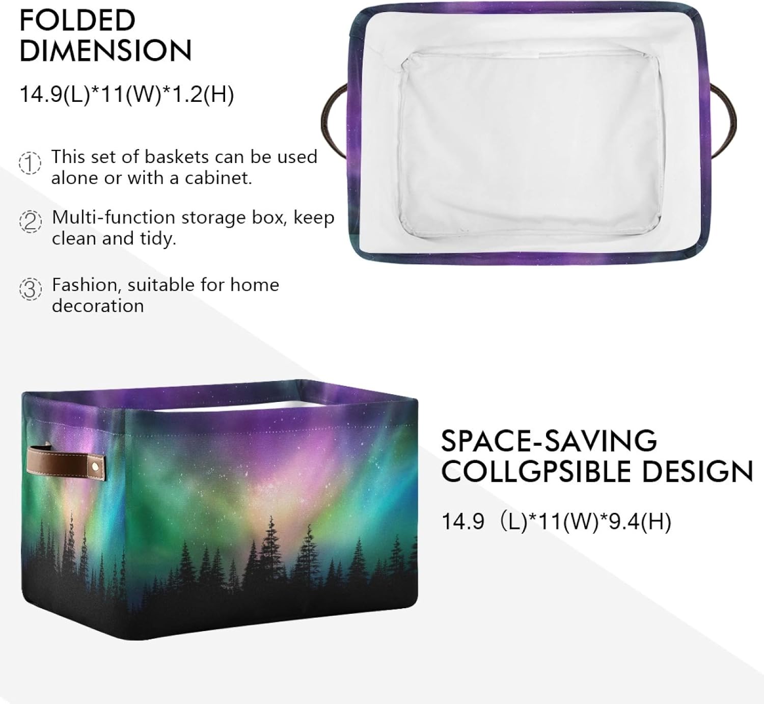 Cesta de almacenamiento de aurora de luz del norte, caja de almacenamiento de lona duradera, plegable, cesta organizadora de juguetes con asas para