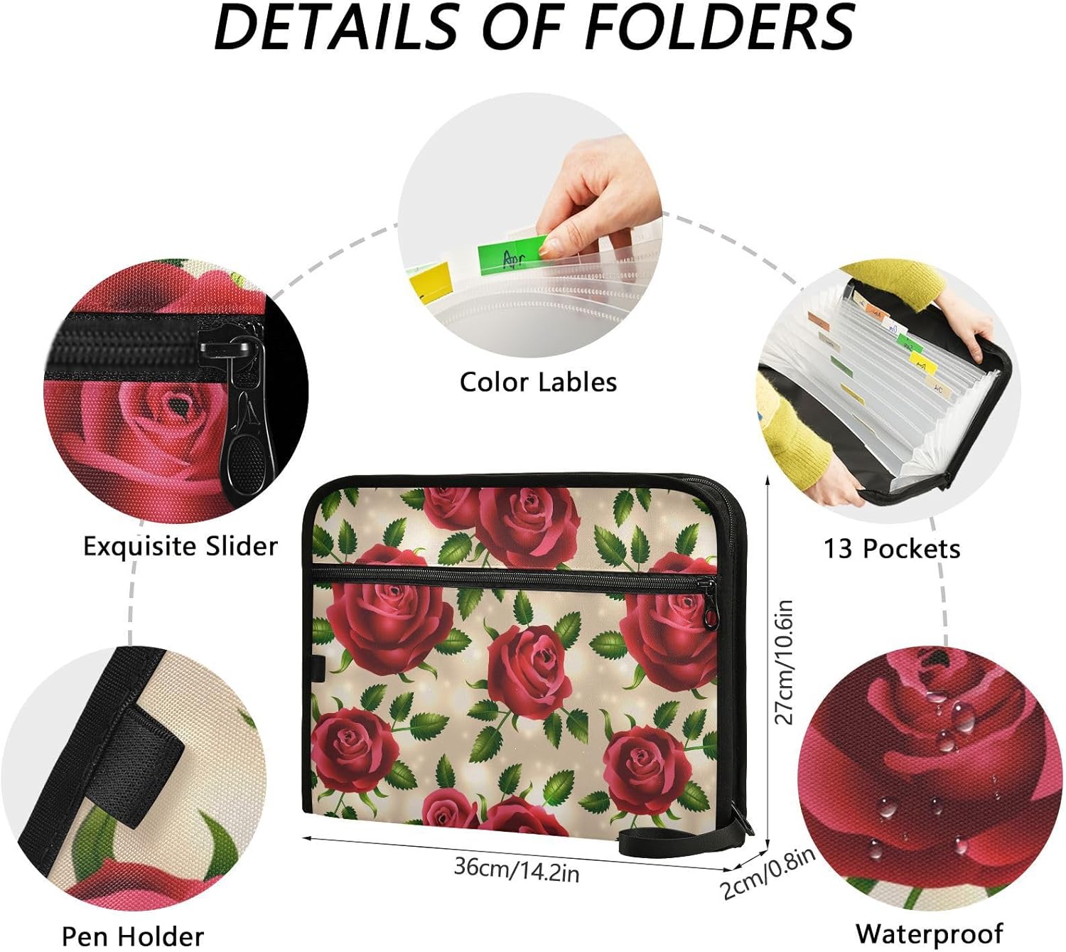Carpeta de archivos expandibles de hojas de rosas rojas, organizador de documentos, carpetas colgantes con 13 bolsillos, organizador de archivos de