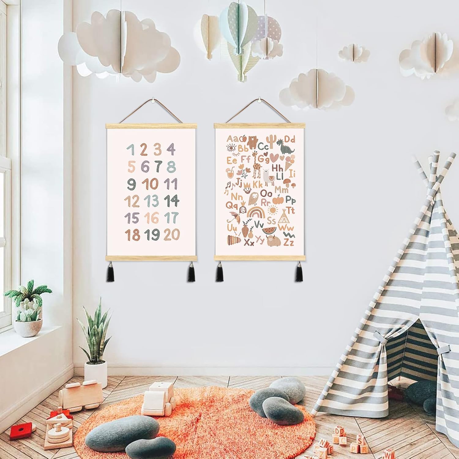 Póster de números Abc para niños pequeños, ganchos magnéticos para pósteres, lienzo enmarcado de madera, 2 juegos de 16 x 24 pulgadas, alfabeto para