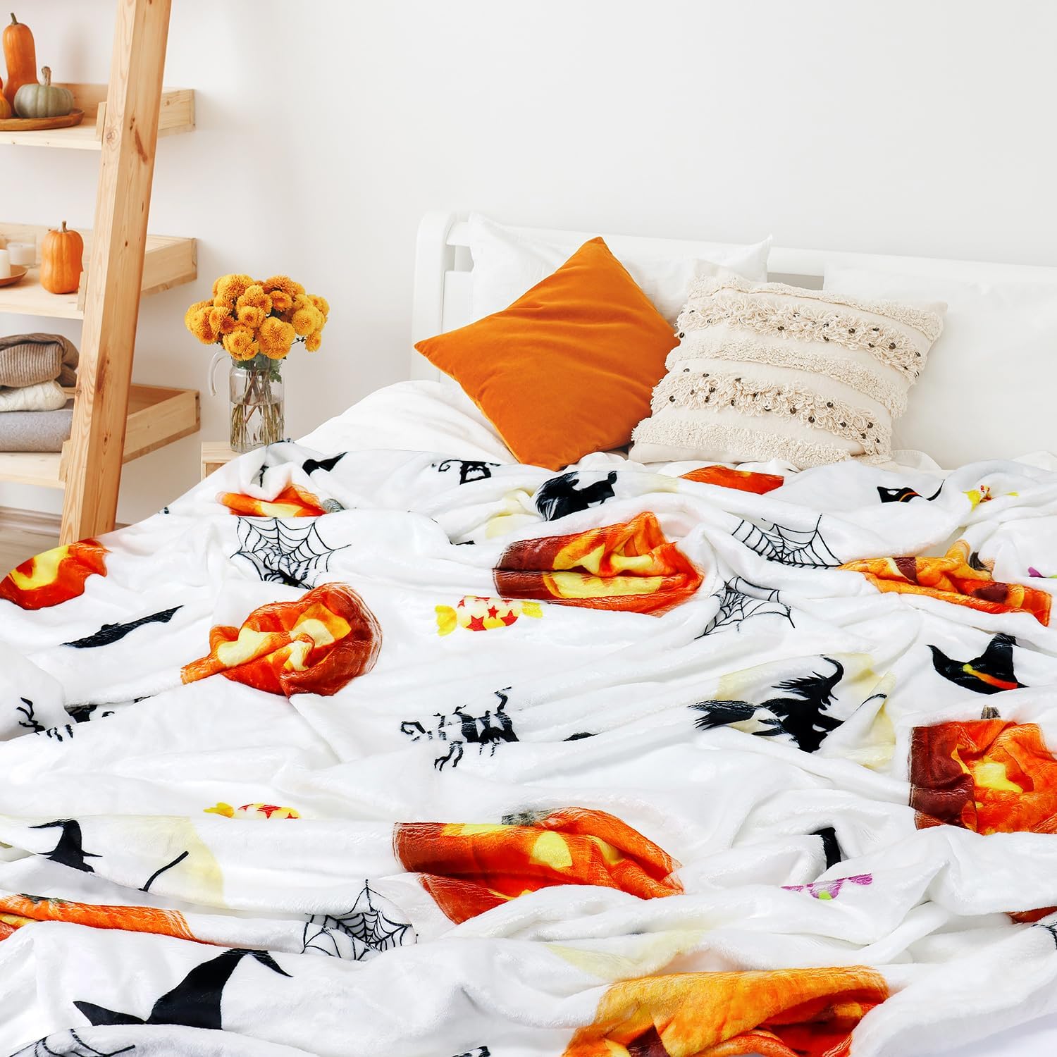 Manta de Halloween con telarañas de calabaza, manta negra de murciélago y bruja, decoración de Halloween, manta de franela súper suave para cama,
