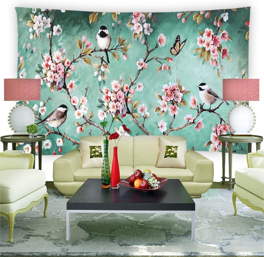 BCNEW Tapiz para colgar en la pared, diseño de flores, pájaros, mariposas, plantas asiáticas, flores y flores, tela de poliéster, decoración de