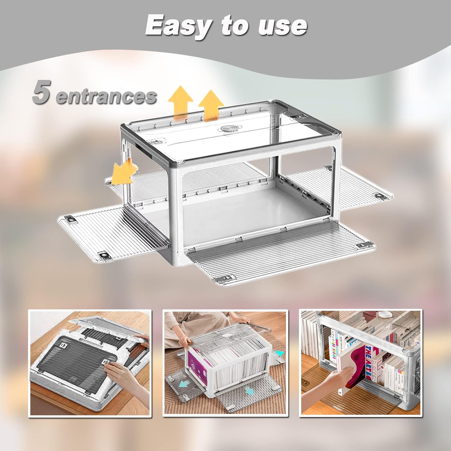 Contenedores de almacenamiento con tapa, organizador apilable plegable de 49 litros con ruedas y 5 puertas (blanco)