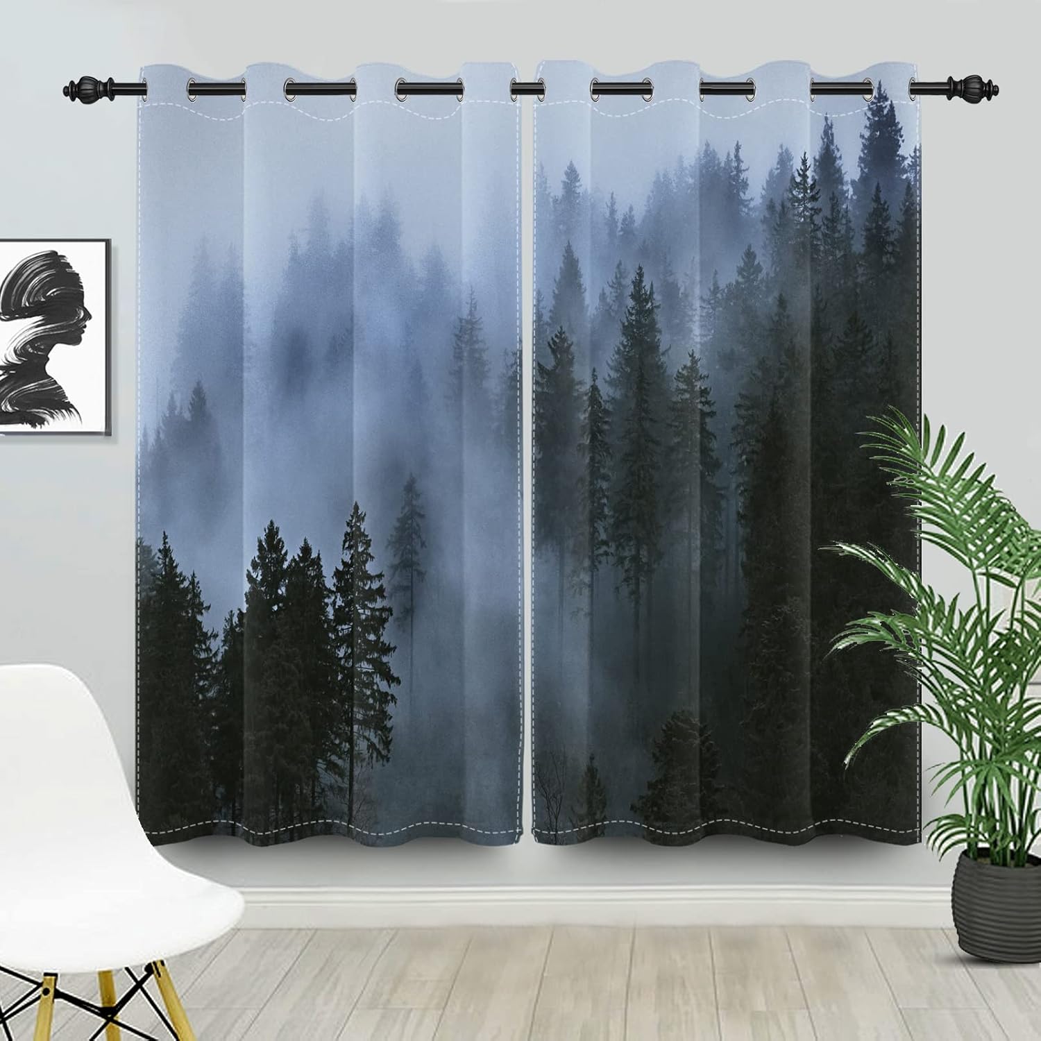 SIEDYCV Cortinas opacas de bosque brumoso de 42 x 84 pulgadas, con niebla escénica, bosque lluvioso, pinos, paisaje natural, 2 paneles de cortinas