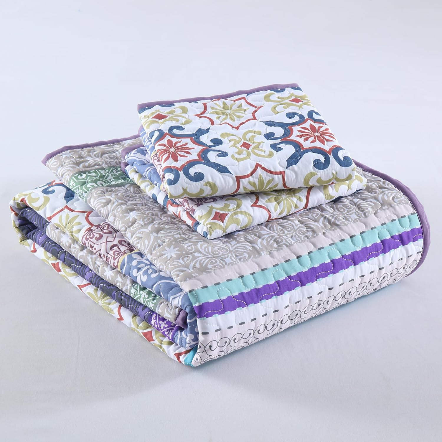 Dinjoy Juego de edredón bohemio tamaño King, colcha morada, colcha bohemia a rayas, juegos de ropa de cama ligera para todas las estaciones, 104 x