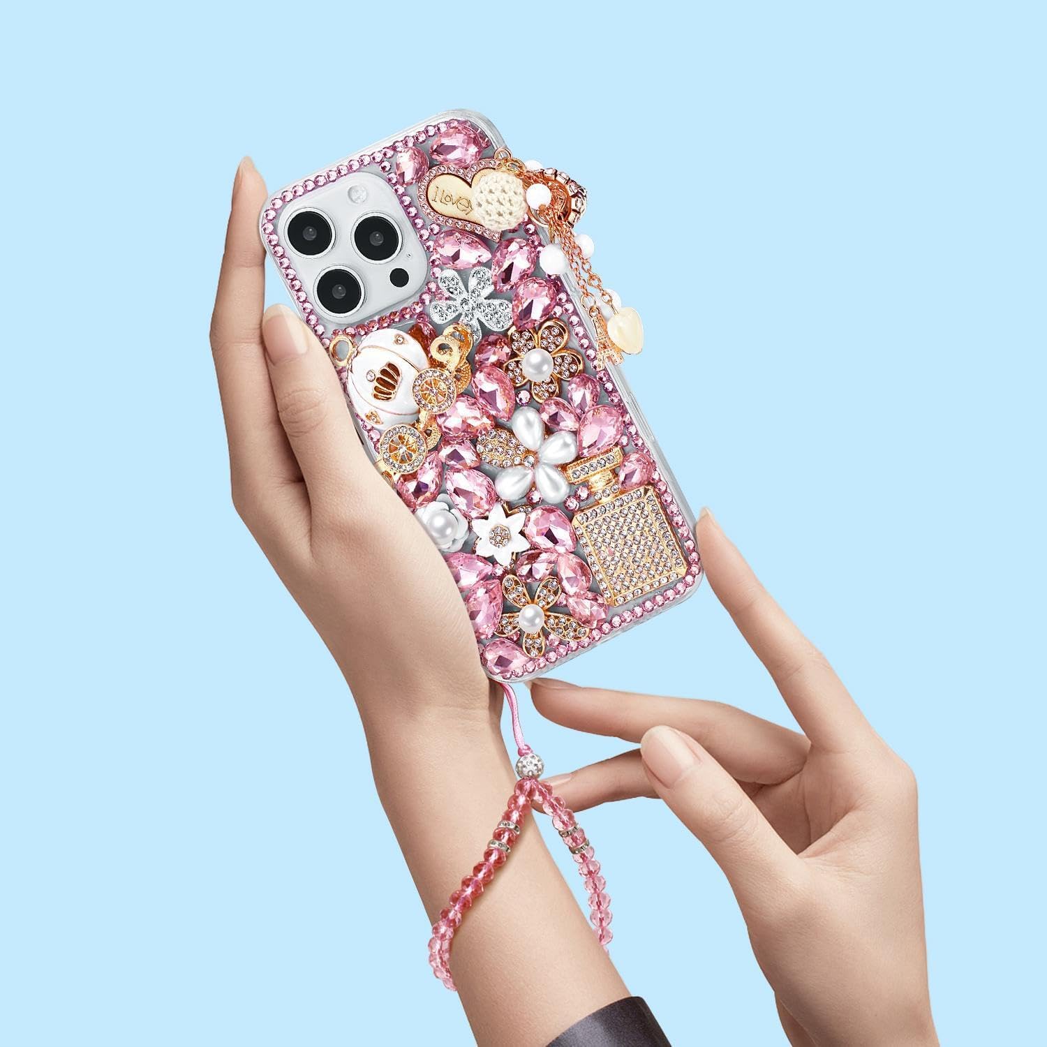 Threesee Funda para iPhone 15 Plus, con diamantes de imitación de lujo, para mujeres y niñas, niños, con colgante de calabaza para iPhone 15 Plus de
