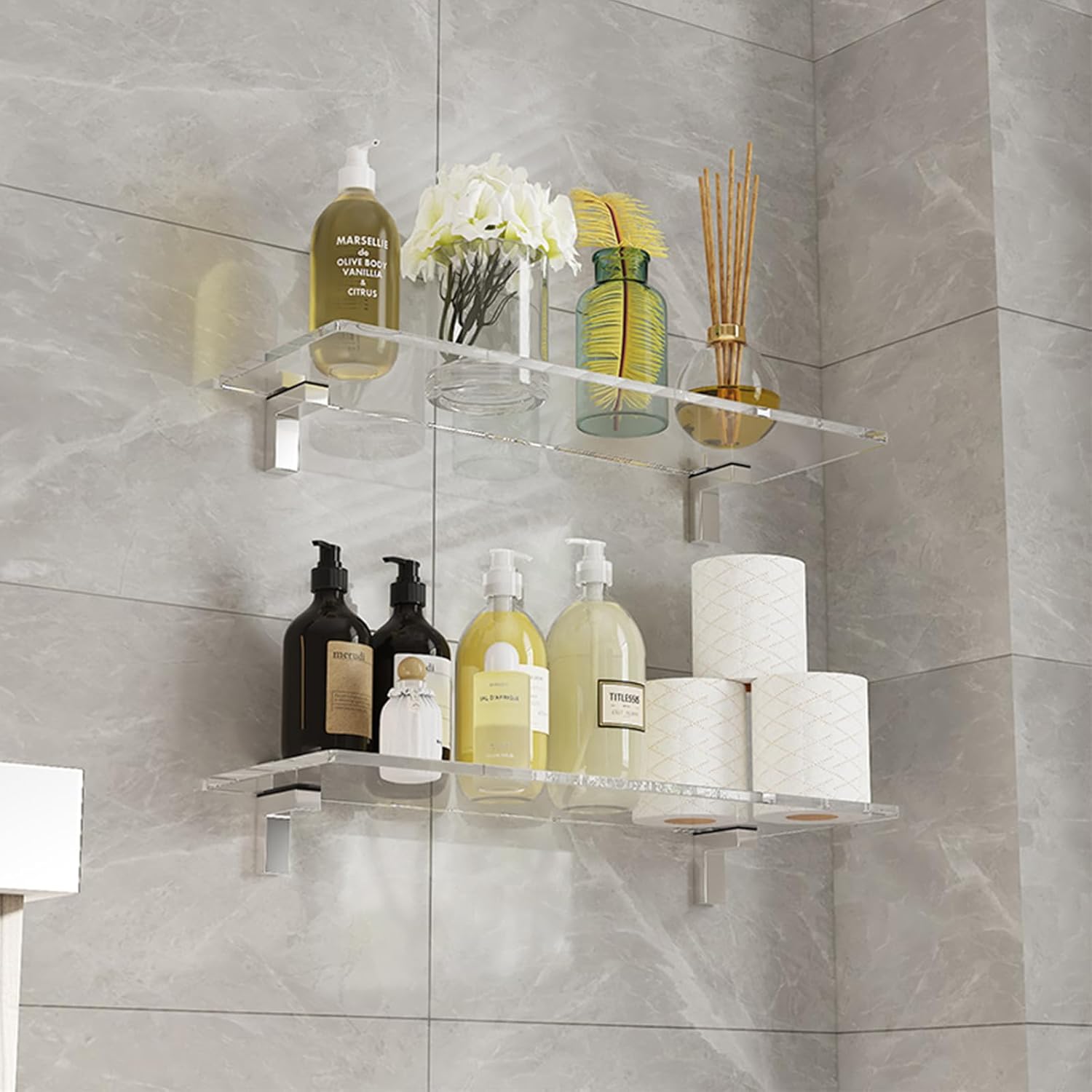 Estante de acrílico transparente, juego de 2 estantes invisibles de pared, estantes flotantes para baño, dormitorio, sala de estar, cocina, oficina