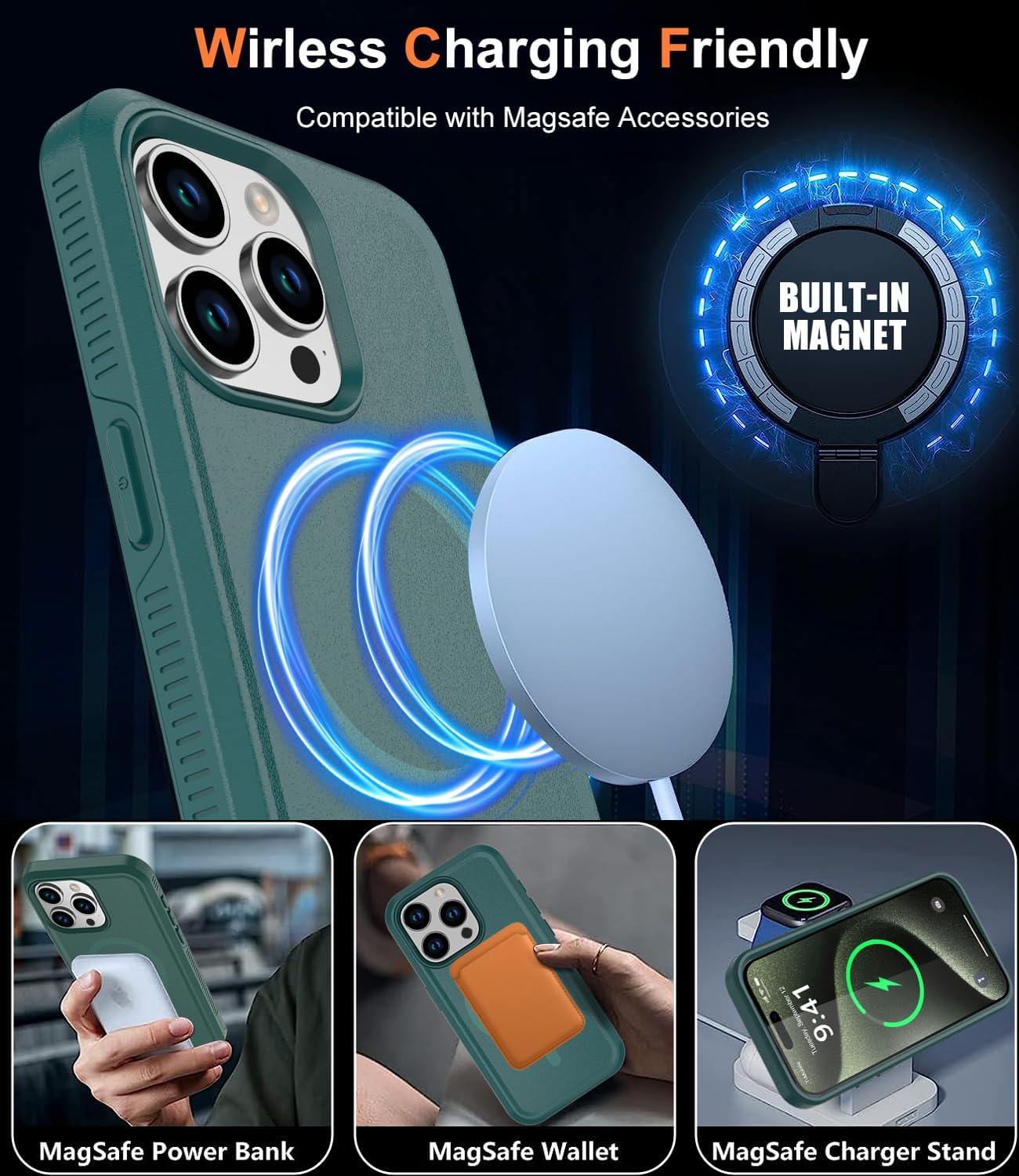 Funda magnética para iPhone 15 Pro Max, compatible con MagSafe, grado militar de 10 pies, anticaídas, con protector de pantalla de vidrio templado,