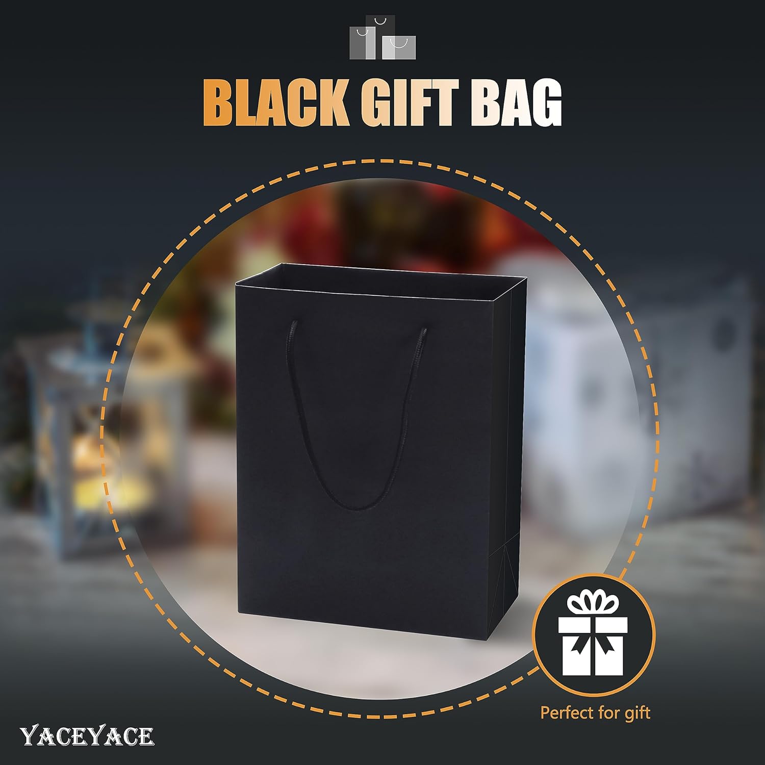 YACEYACE Bolsas de regalo negras de tamaño mediano, 10 unidades de 8 x 4.25 x 10 pulgadas, bolsas de regalo negras medianas con asas de cinta,