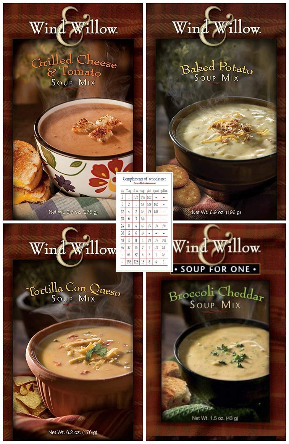 Muestra de sopa de viento y sauce queso a la parrilla, queso cheddar con brócoli, papa al horno y tortilla con queso