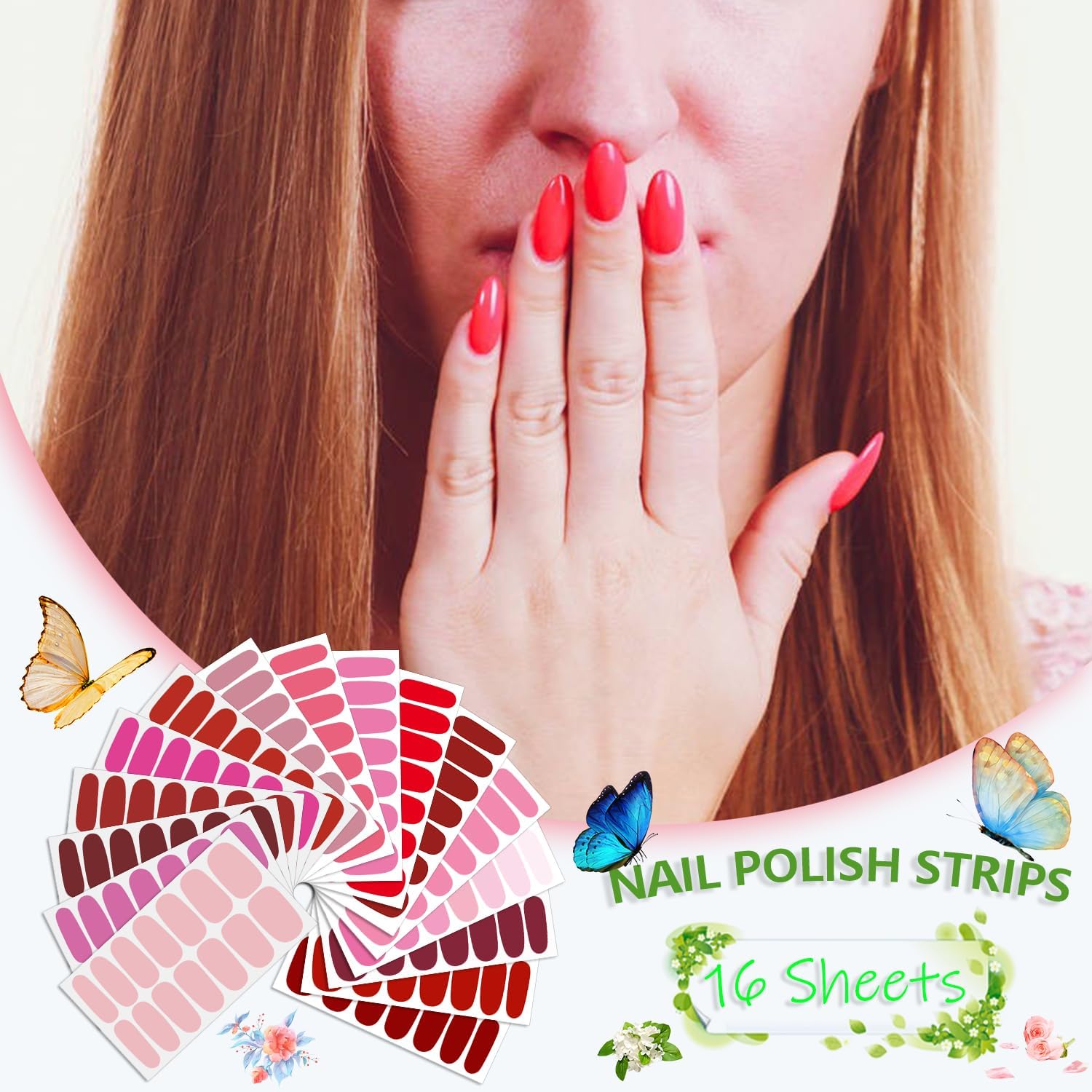 SILPECWEE 16 hojas de calcomanías de esmalte de uñas rosa y rojo, envolturas completas para mujeres, tiras de esmalte de uñas, tiras de uñas de gel,