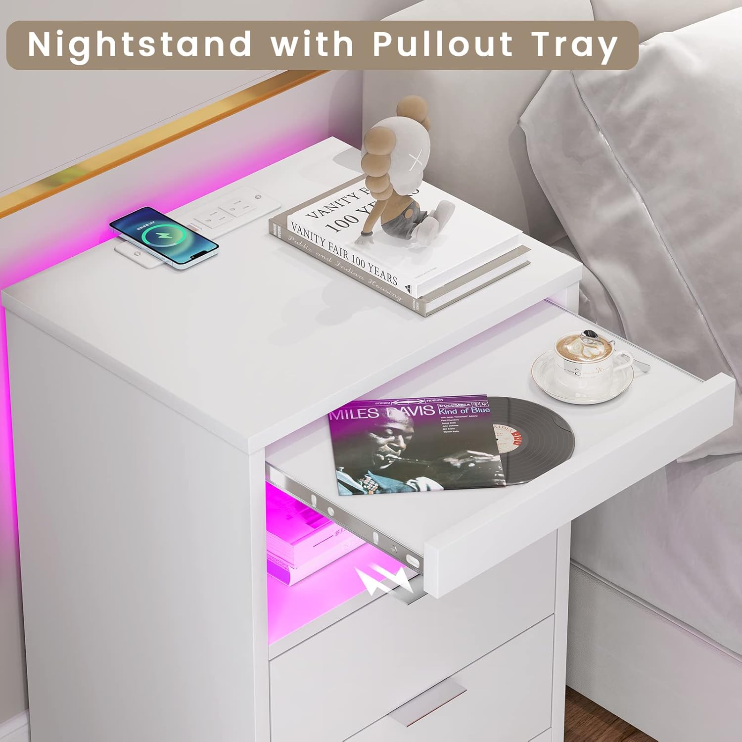 ADORNEVE Juego de 2 mesitas de noche LED, mesita de noche con estación de carga inalámbrica y luces LED, mesita de noche blanca con estante