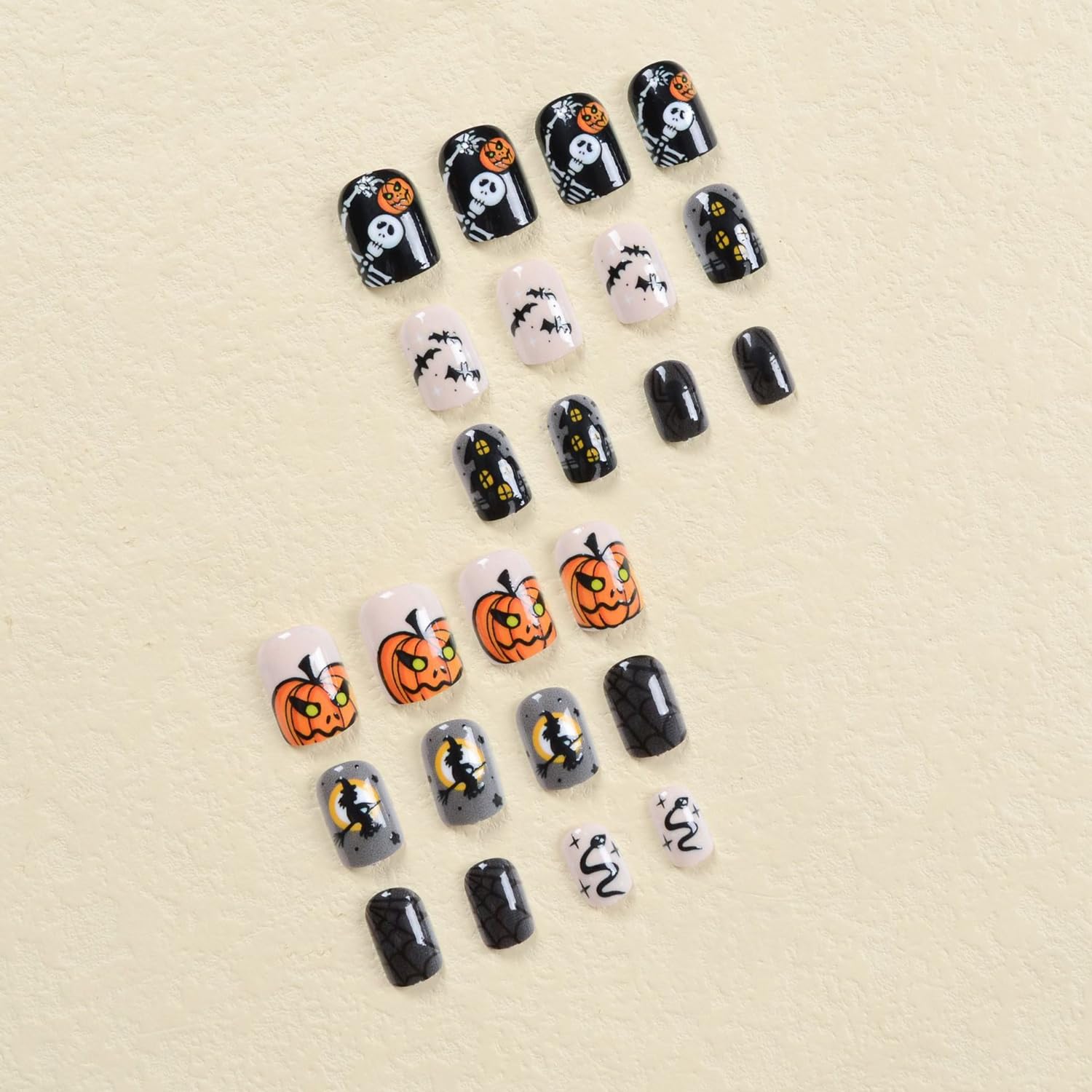 Uñas postizas cortas a presión de Halloween, uñas postizas cuadradas, color nude, negro, con pegamento, para Halloween, linda telaraña, murciélago,