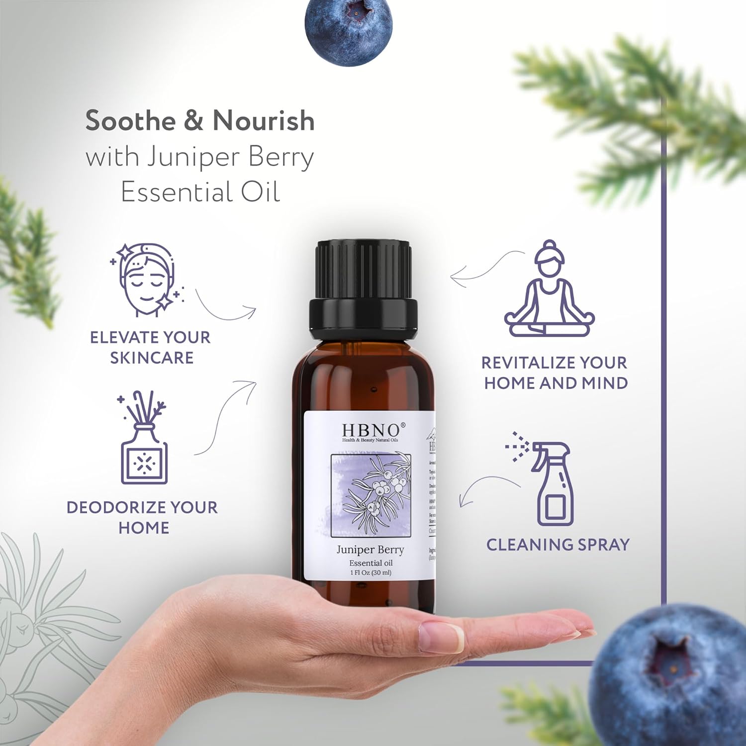 HBNO Aceite esencial de bayas de enebro, 1 onza (1.0 fl oz), tamaño de viaje, aceite de bayas de enebro natural, destilado al vapor, perfecto para