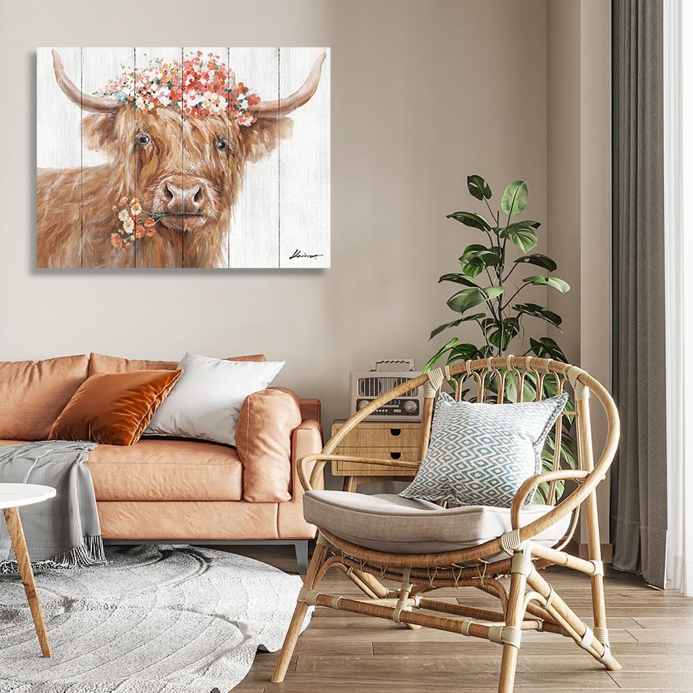 Yidepot Decoración de vaca de las tierras altas para granja imágenes retro de terneros escoceses con flores con cita inspiradora, lienzo para pared