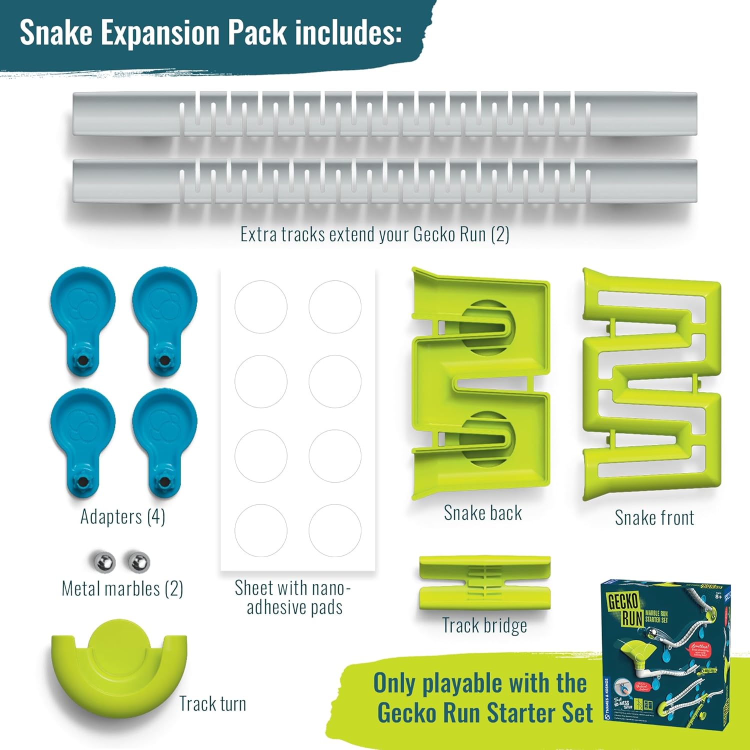 Gecko Run Marble Run – Paquete de expansión de serpiente de Thames & Kosmos  Laberinto extra en zigzag para juego de iniciación vertical de canices