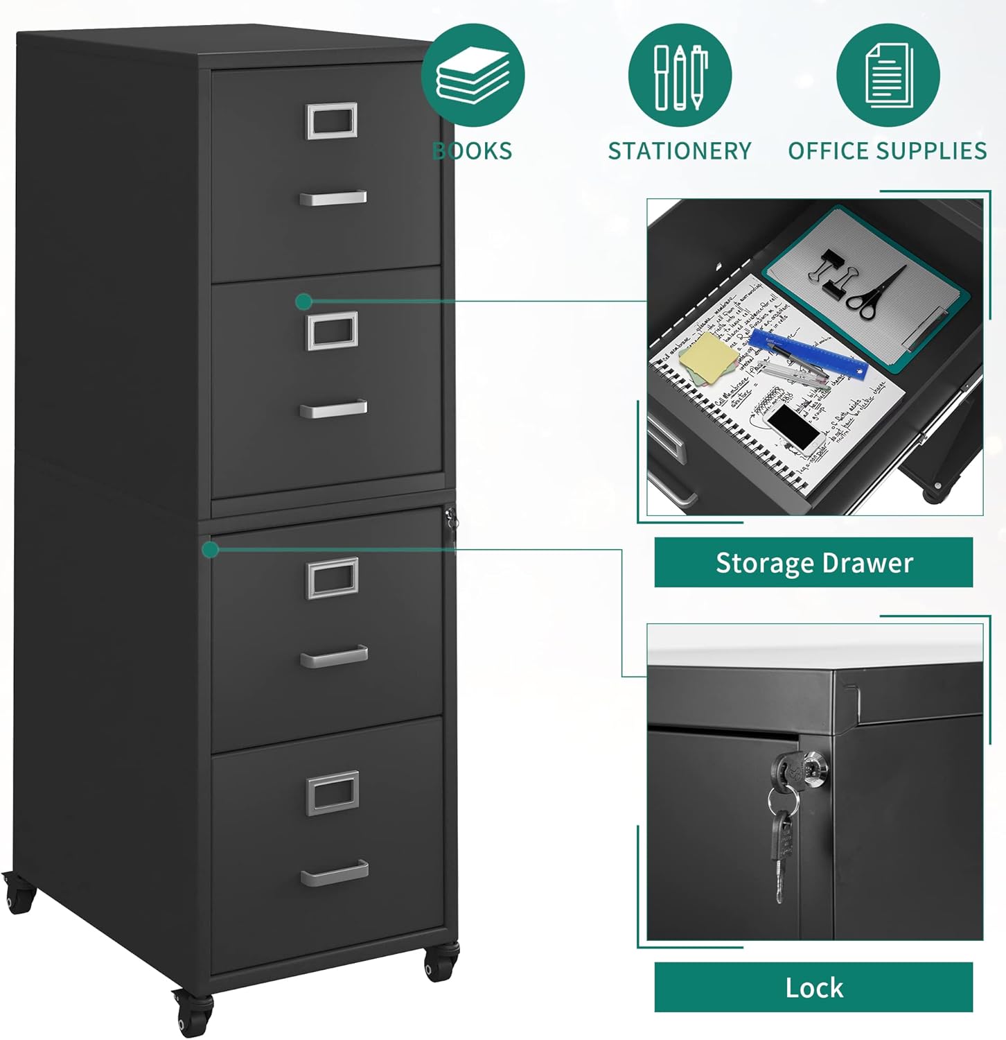 YITAHOME Archivador vertical, gabinete de almacenamiento de oficina desmontable de 4 cajones con cerradura, archivador de metal móvil debajo del