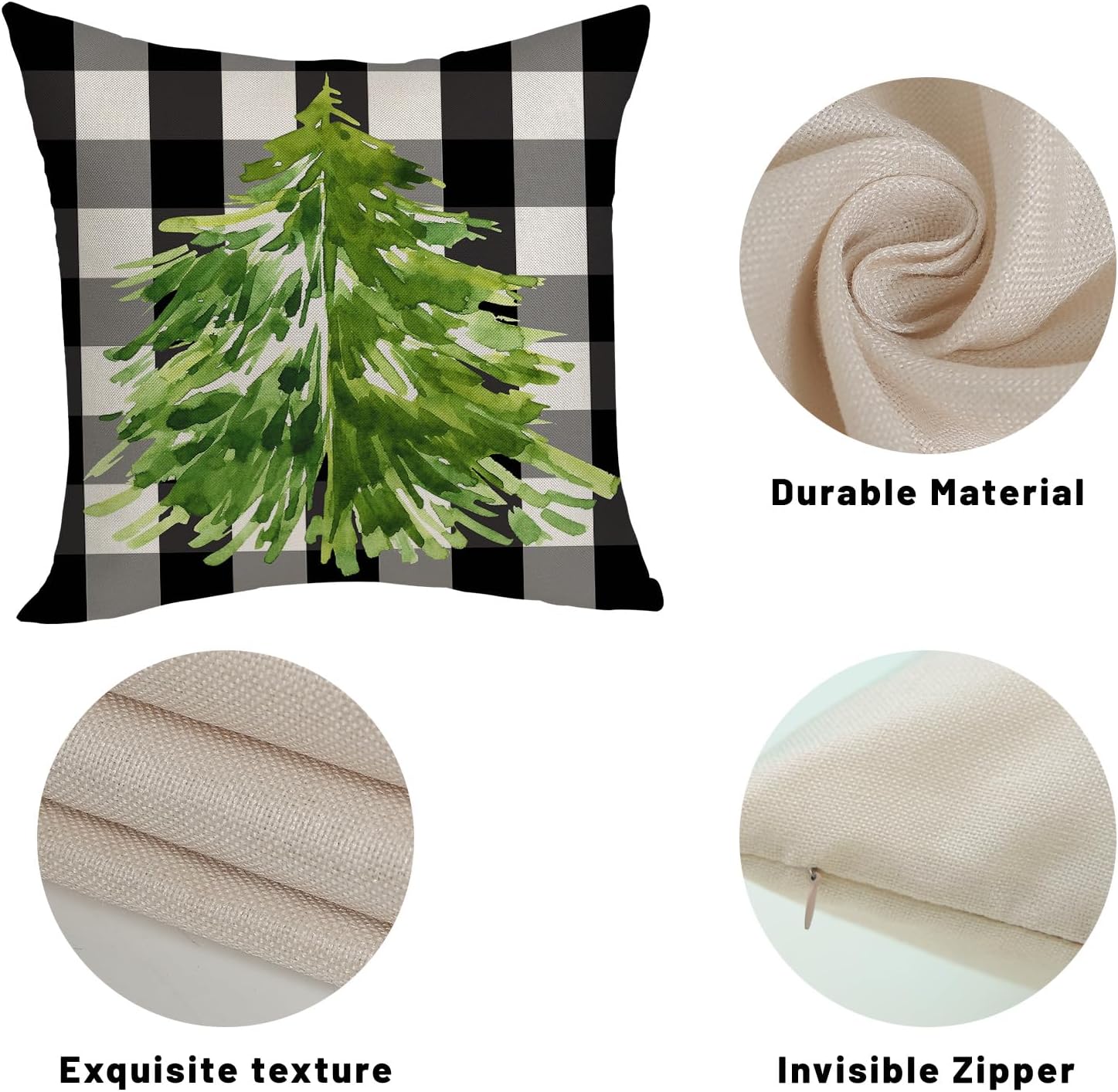 Juego de 2 fundas de almohada de Navidad de 18 x 18 pulgadas, color negro, blanco, gris, a cuadros, verde, decoración de Navidad, funda de cojín de
