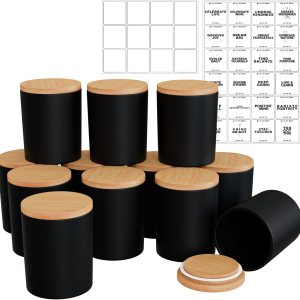 Tarros negros de 9 onzas con tapas herméticas de bambú con etiquetas adhesivas impresas para hacer velas y contenedores organizadores, paquete de 12 Tarros negros de 9 onzas con tapas herméticas de bambú con etiquetas adhesivas impresas para hacer velas y contenedores organizadores, paquete de 12