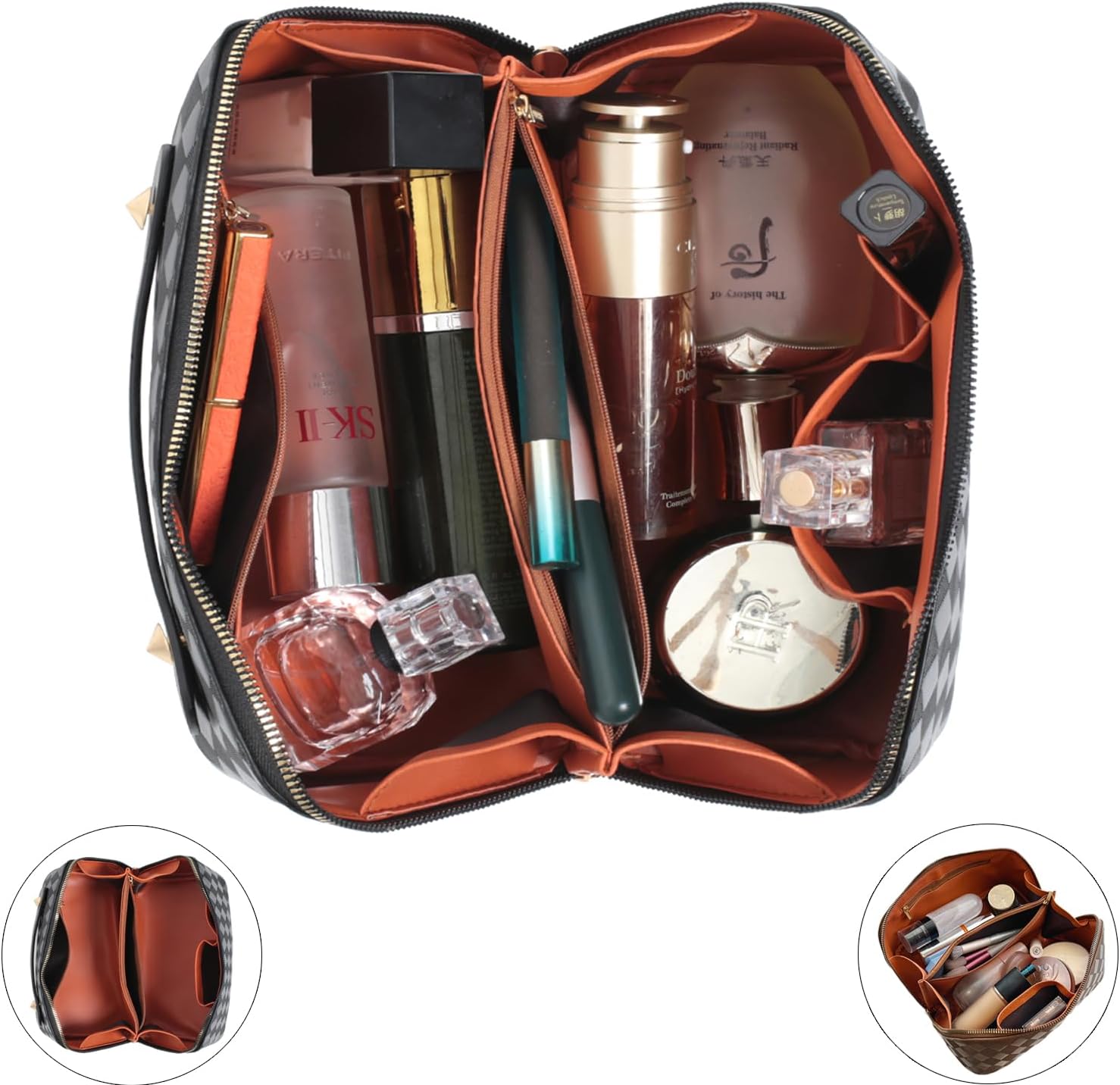 Bolsa de maquillaje de viaje, bolsa de maquillaje de gran apertura, bolsa de maquillaje portátil que se abre plana para un fácil acceso, bolsa de