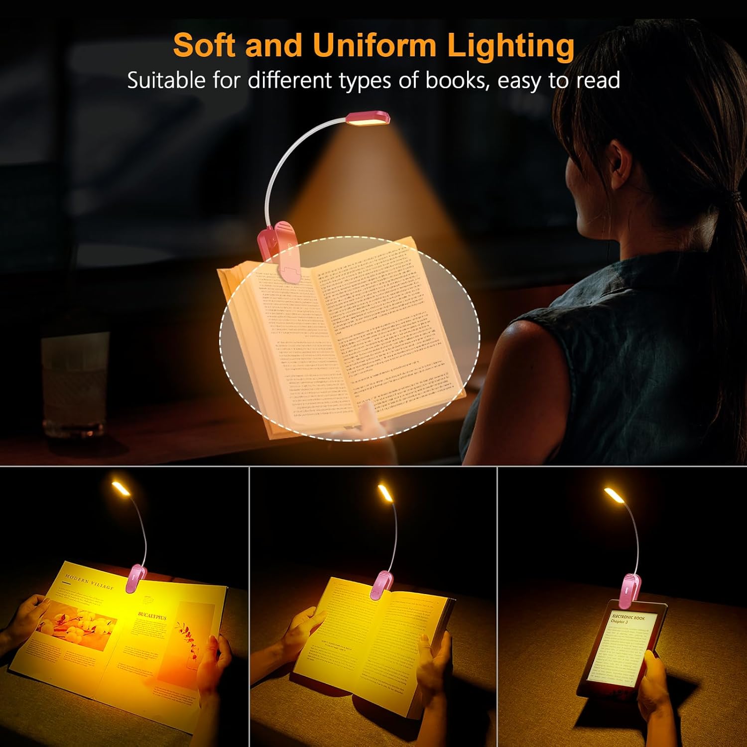 Gritin Luz de libro recargable, 11 luces LED de lectura con clip en el libro, 3 modos de protección ocular y atenuación continua, batería de larga