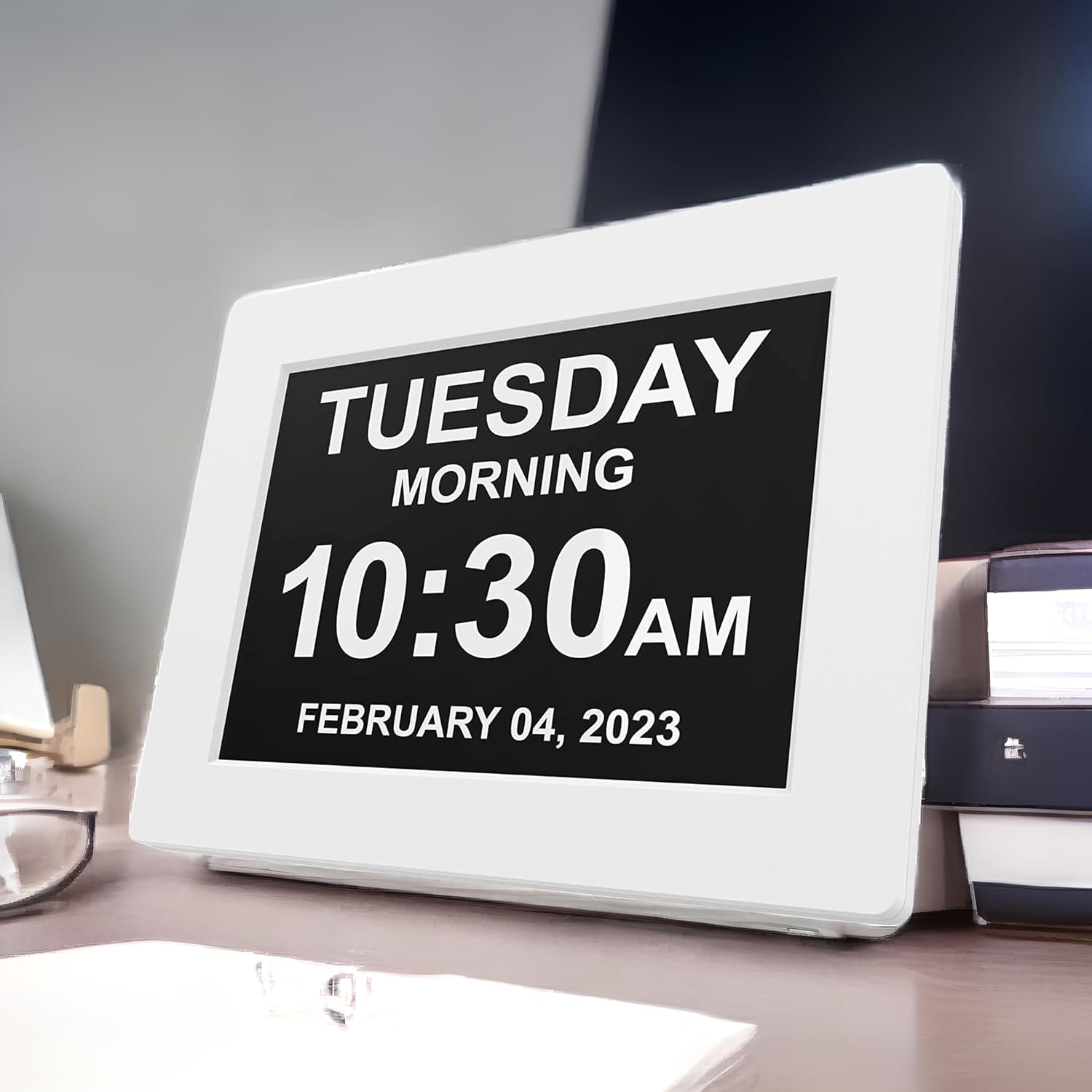 Calendario digital con fecha, reloj despertador múltiple de 8 pulgadas, pantalla grande, atenuación automática, mesa de escritorio eléctrico,