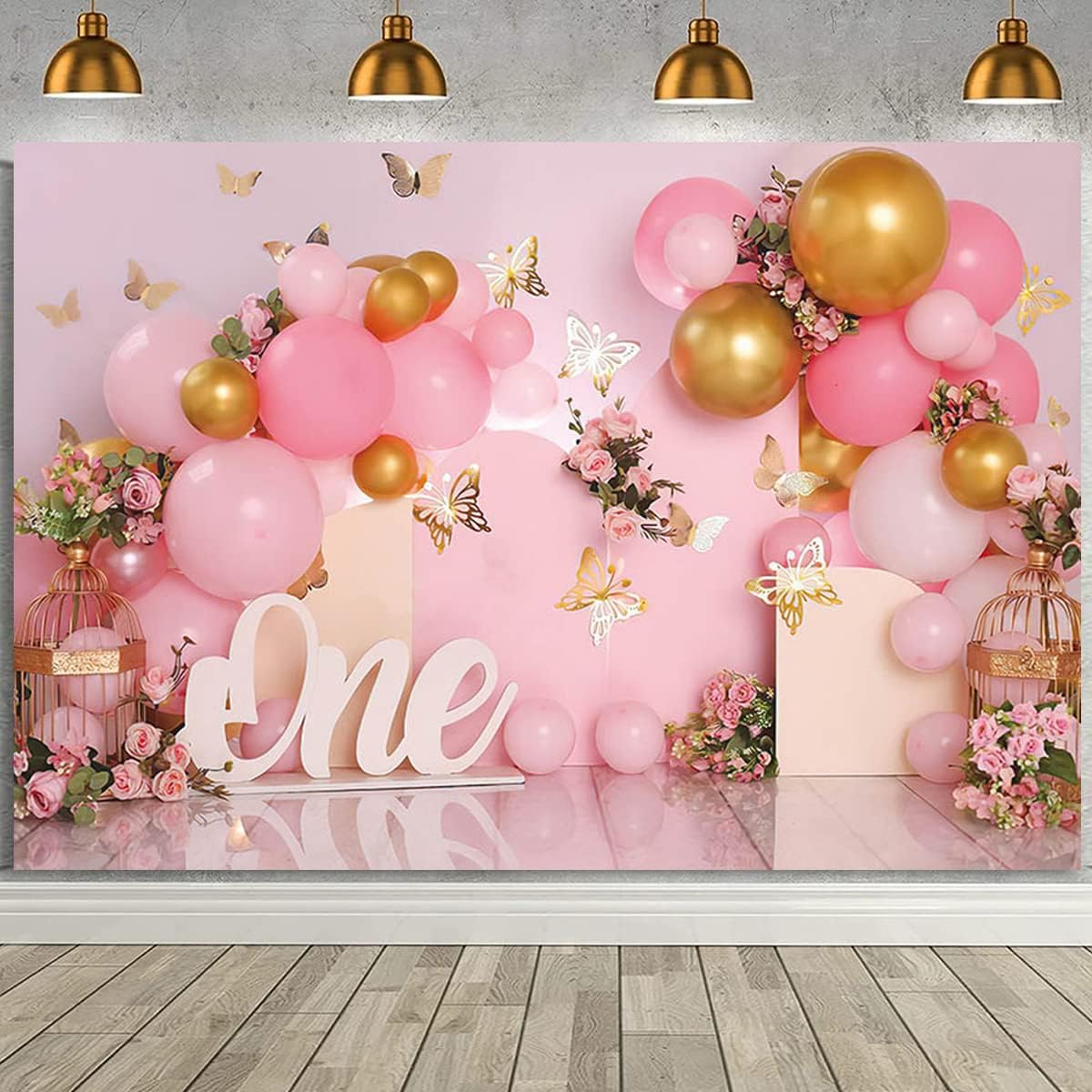 Telón de fondo de 1er cumpleaños para niña, globos rosados, mariposa dorada, dulce para niños, decoración de fiesta de cumpleaños, fotografía