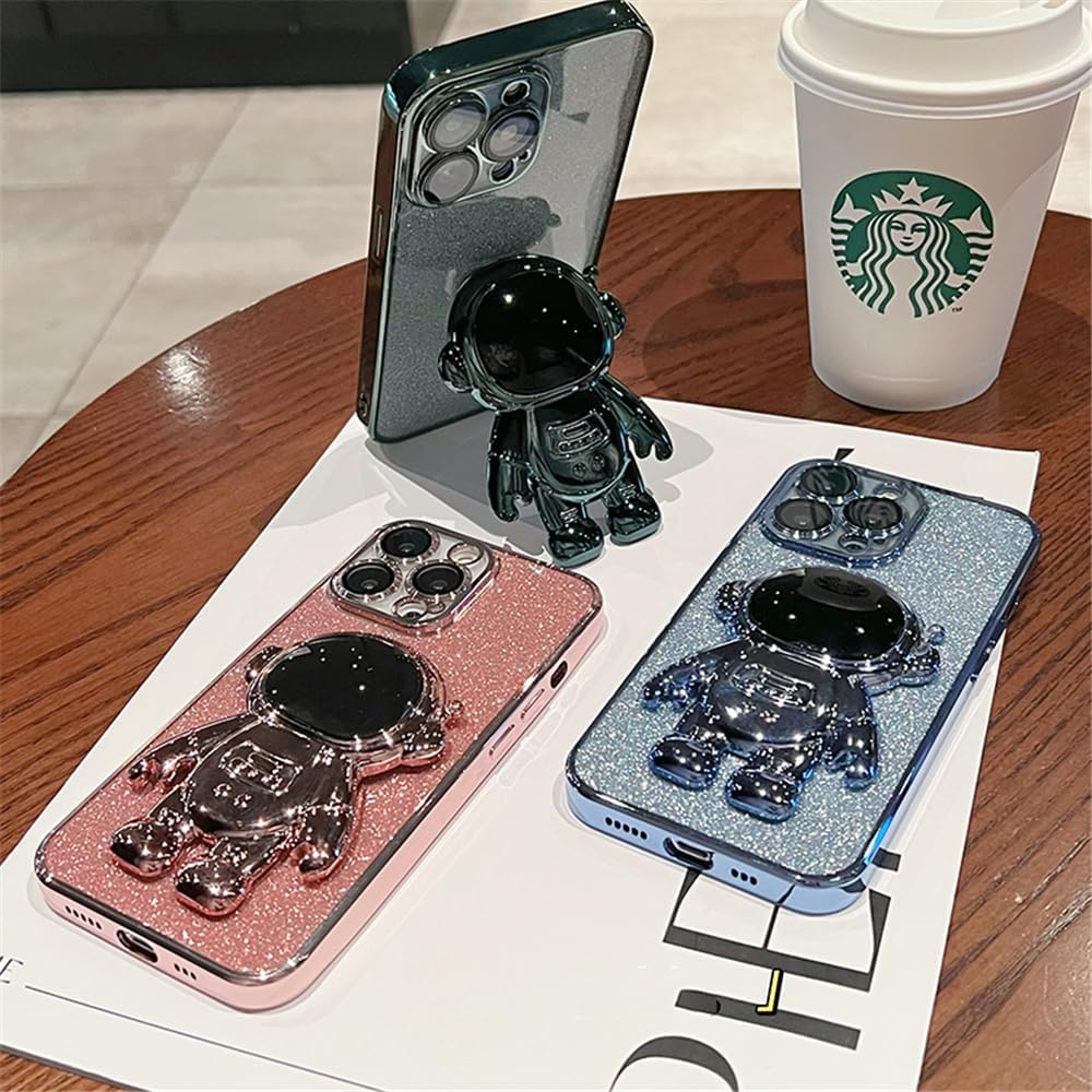 Spevert Funda para iPhone 15 Pro Max con purpurina de lujo con bonito soporte de astronautas protección militar contra caídas protección completa de