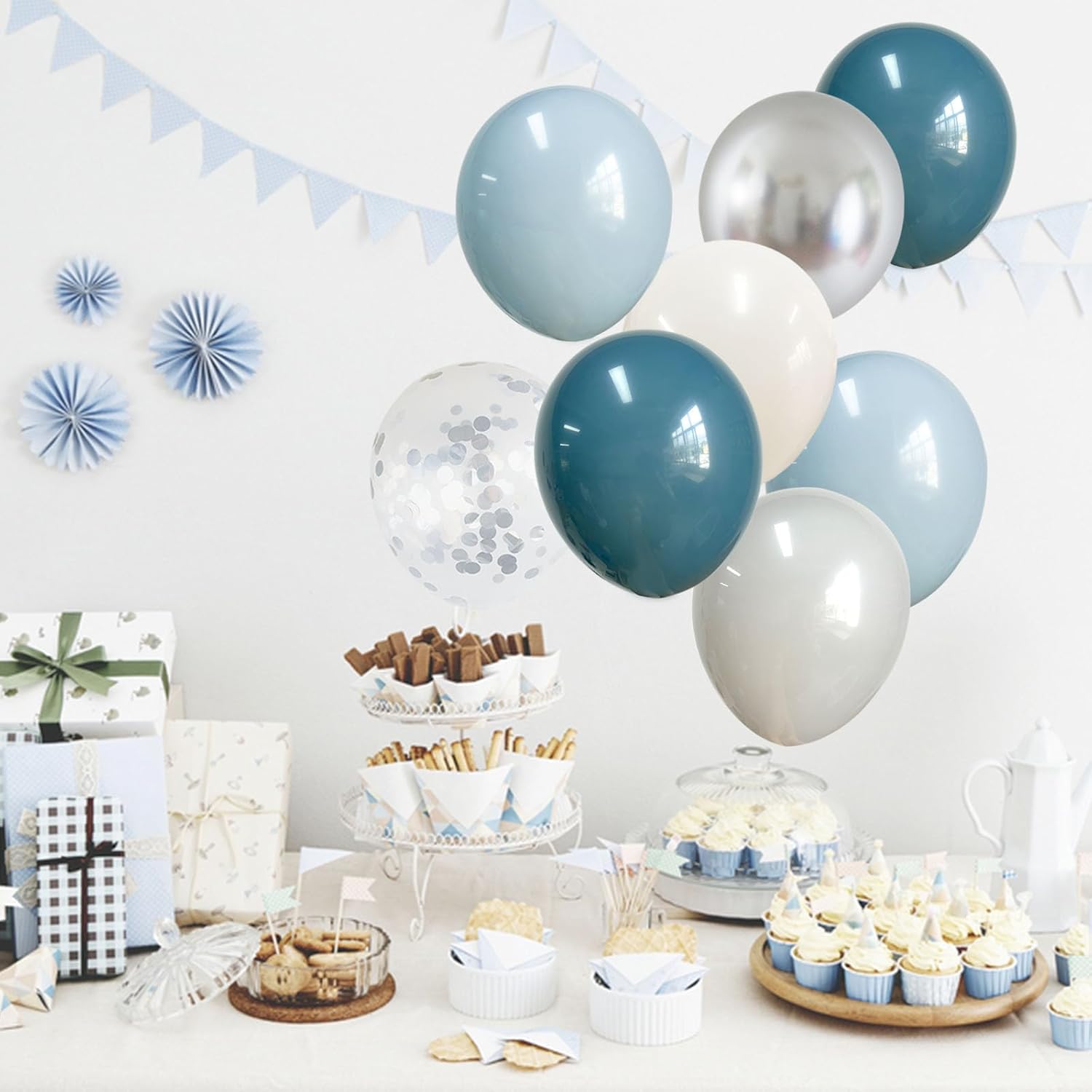 Globos de látex azul pizarra de 12 pulgadas, 60 piezas de niebla de hielo retro polvorienta, azul mar, gris, blanco, arena, plata, decoración de