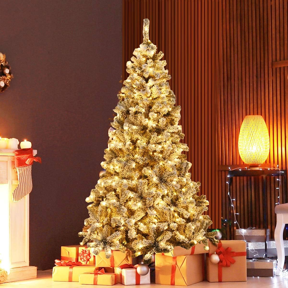 HAPPYGRILL Árbol de Navidad preiluminado de 6 pies, agujas de PVC de alta calidad, 600 puntas de rama, pino flocado con bisagras de nieve con