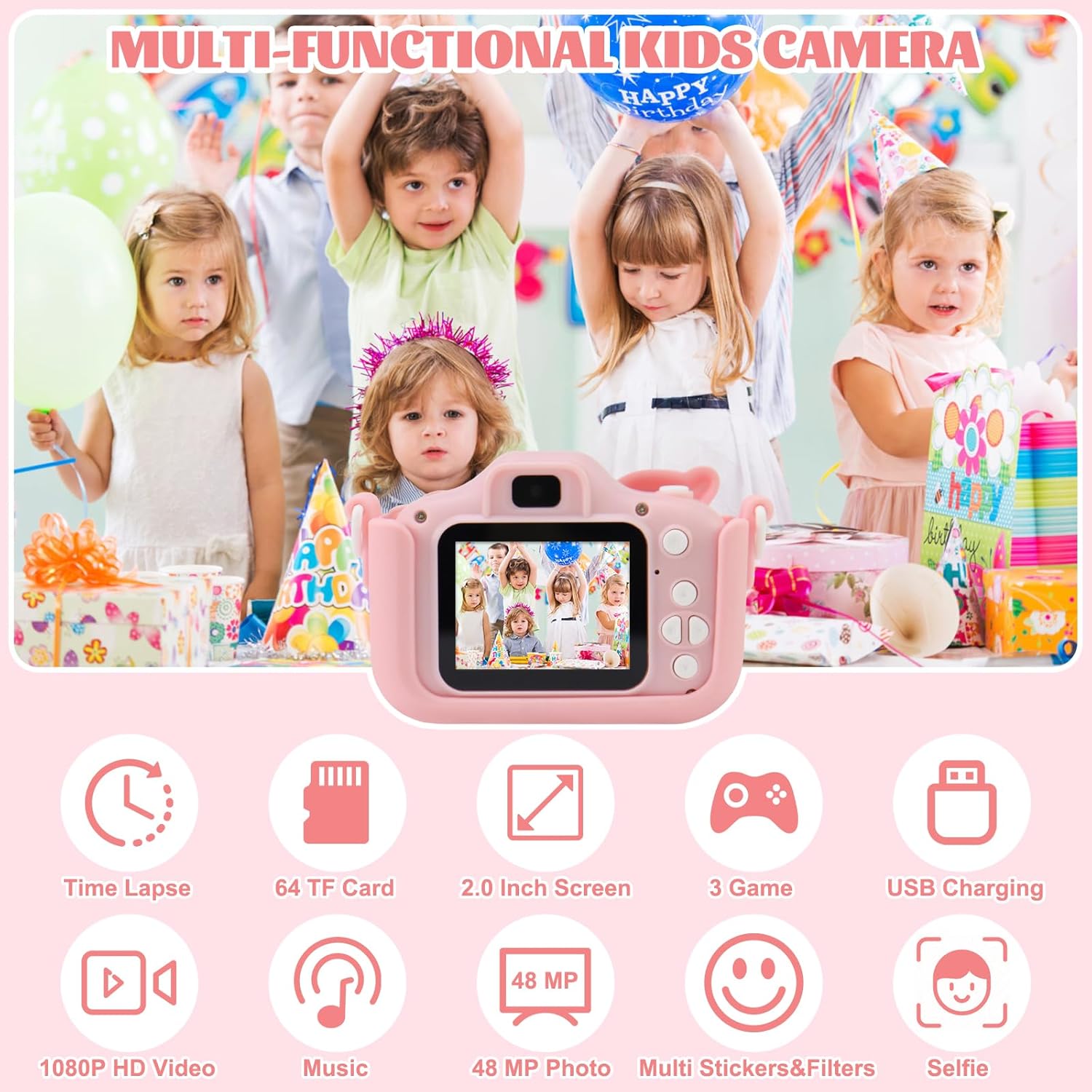 Cámara para niños, cámara para niños, cámara para niños pequeños, cámara de video digital para selfie HD de 1080P con tarjeta SD de 64 GB, el mejor