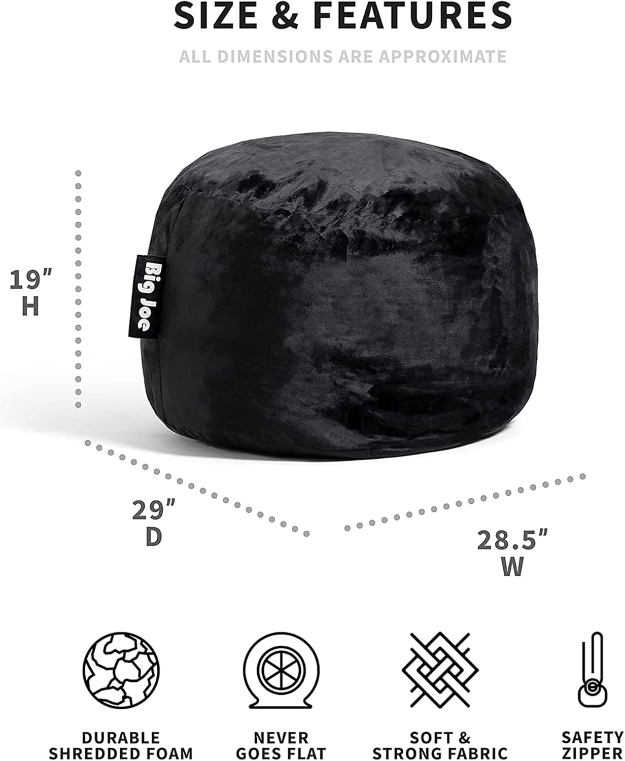 Big Joe Fuf – Puf grande relleno de espuma con funda extraíble, felpa negra, poliéster suave, 4 pies, grande y Fuf pequeño relleno de espuma, felpa