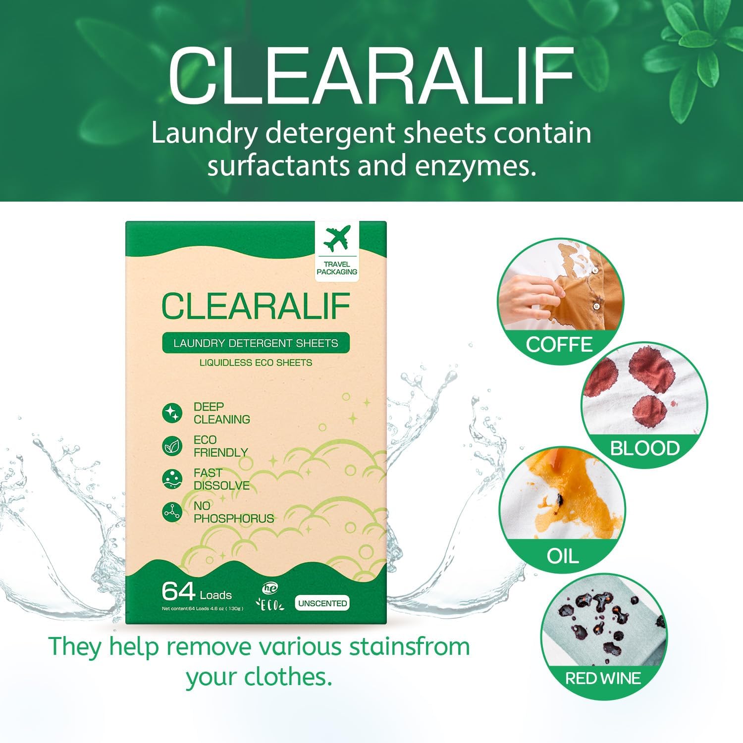 CLEARALIF CLEARALIF – Hojas de detergente para ropa, sin perfume, 64 cargas, tiras de detergente para ropa ecológicas e hipoalergénicas