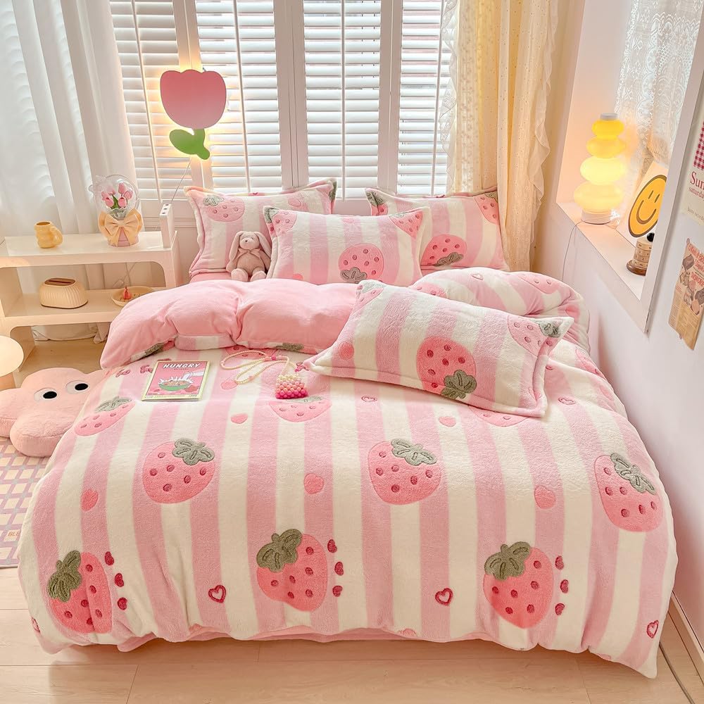 OranFran Juego de funda de edredón para niños de fresa rosa, juego de ropa de cama kawaii con copos de nieve, funda de edredón suave y reversible,