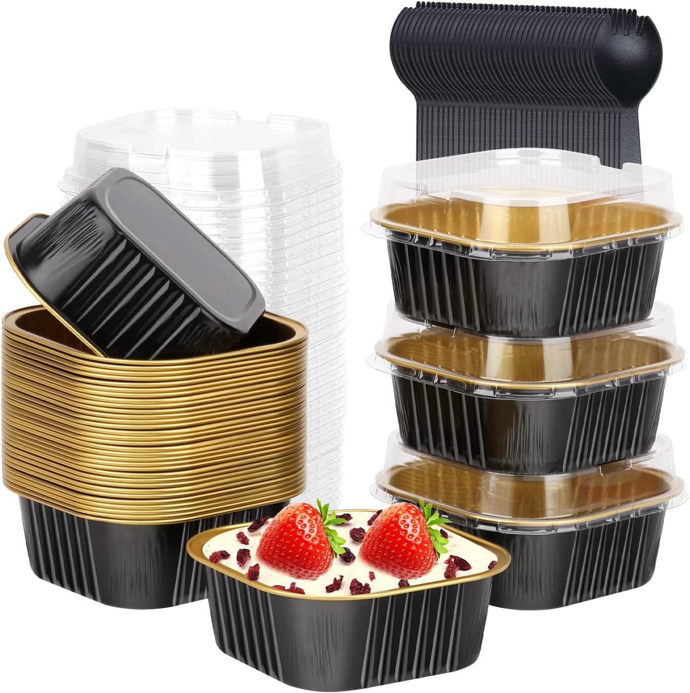 LNYZQUS Moldes para cupcakes de 5 onzas con tapas, paquete de 40 unidades, moldes de aluminio para hornear cupcakes, moldes para hornear brownie,
