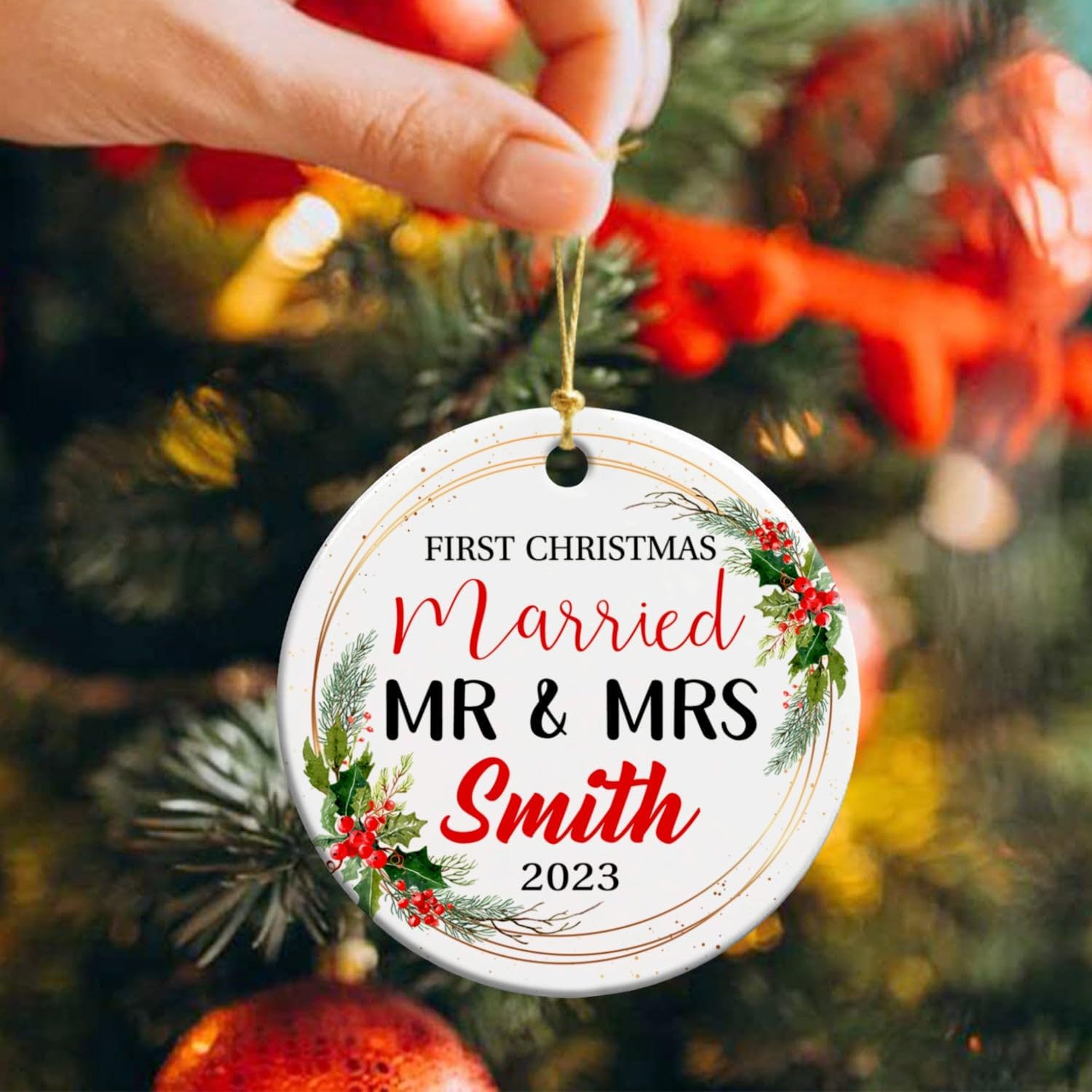 Adorno personalizado de cerámica para casados para la primera Navidad 2023, adorno de cerámica de Navidad personalizado para parejas recién casadas,