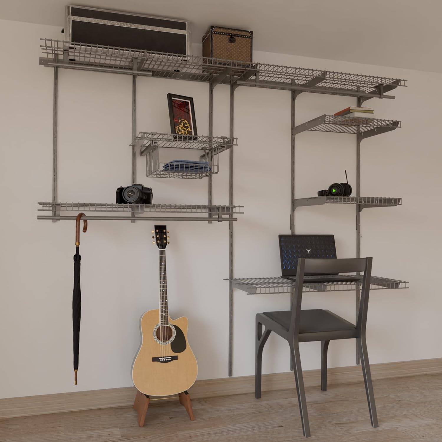 Kit de estante de armario de alambre plateado, estantería para áreas abiertas, riel de estante con estantería expandible y sistema organizador,