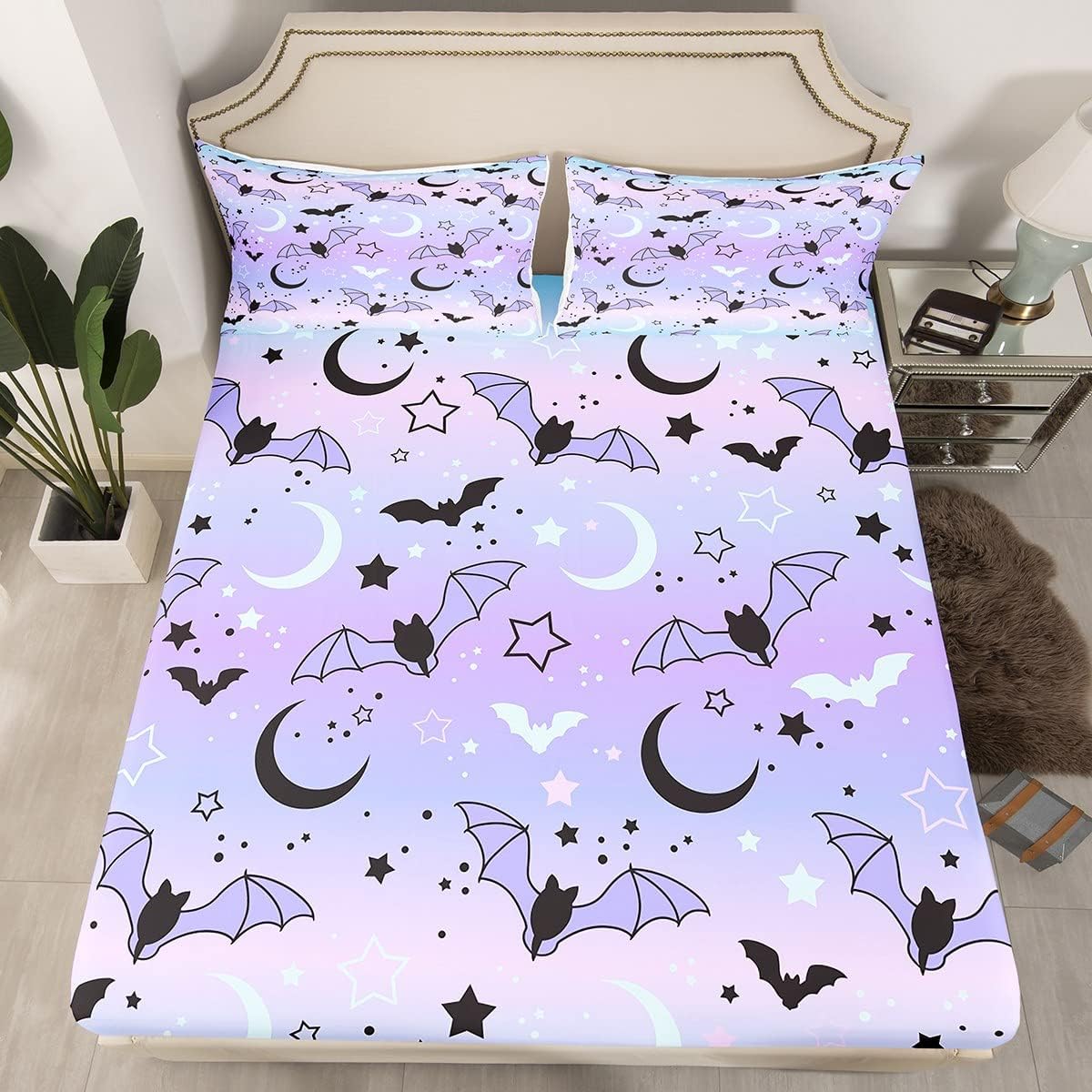 Juego de funda de edredón de Halloween, sábana bajera ajustable de arcoíris para niños y niños, diseño de murciélago, luna y estrella, juego de