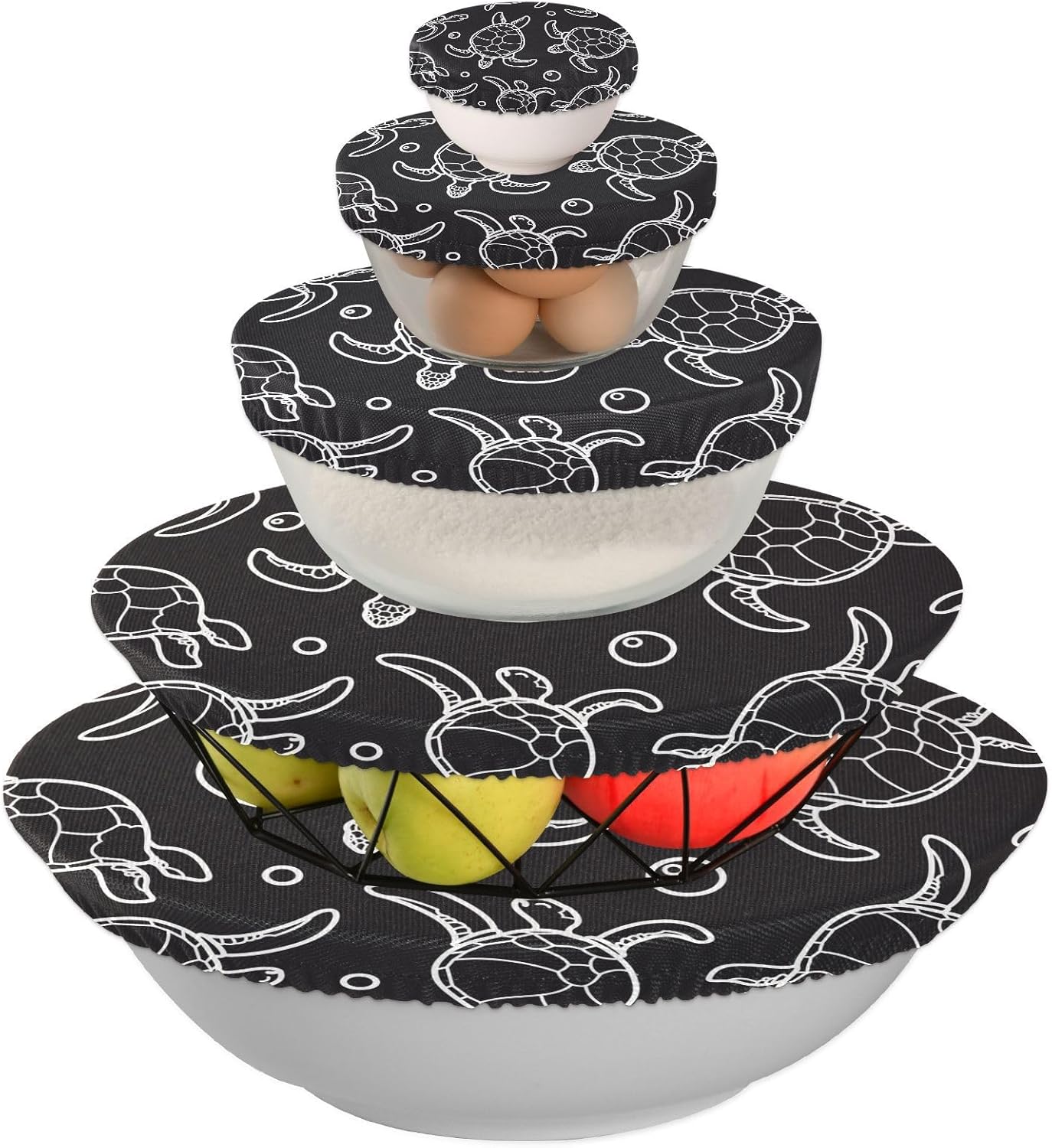 Turtles 5PCS Reusable Elastic Bowl Covers for Food Storage Stretch Cloth Fabric Lids with 5 Different Sizes Waterproof Bowl Covers for Food Fruits